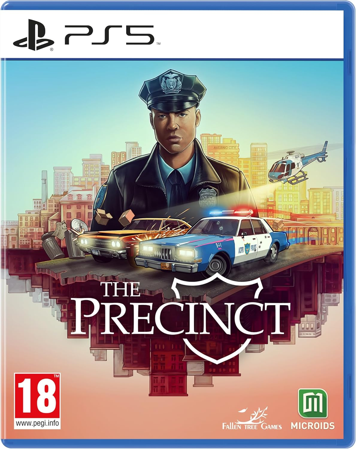 Copertina del gioco: Poliziotto in uniforme, auto della polizia, elicottero, paesaggio urbano. Titolo: The Precinct. Classificazione PEGI 18. Logo PS5.
