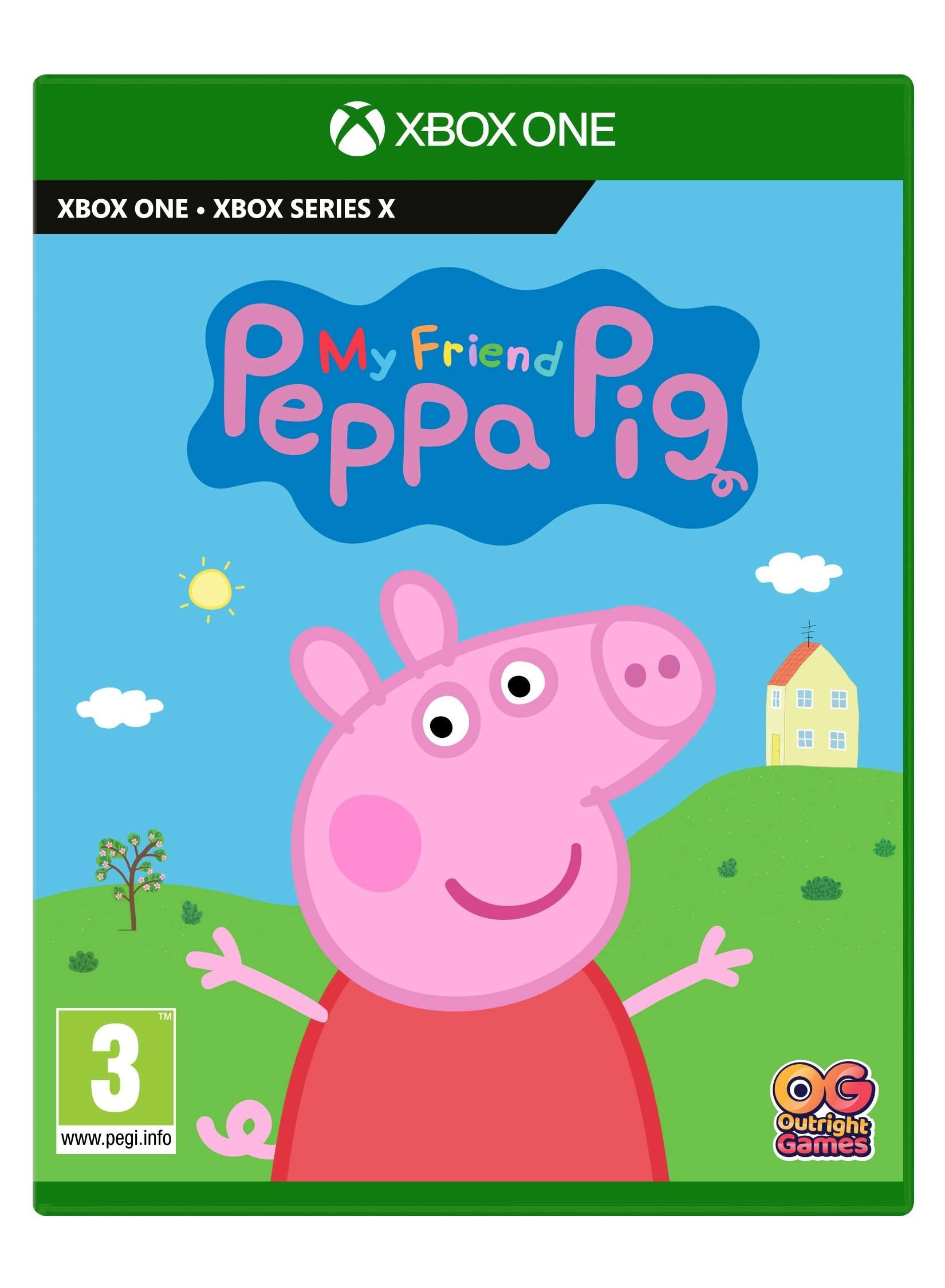 Okładka gry na Xbox One z Peppą Pig. Ma niebieskie tło nieba, uśmiechniętą Peppę i zielone pole.