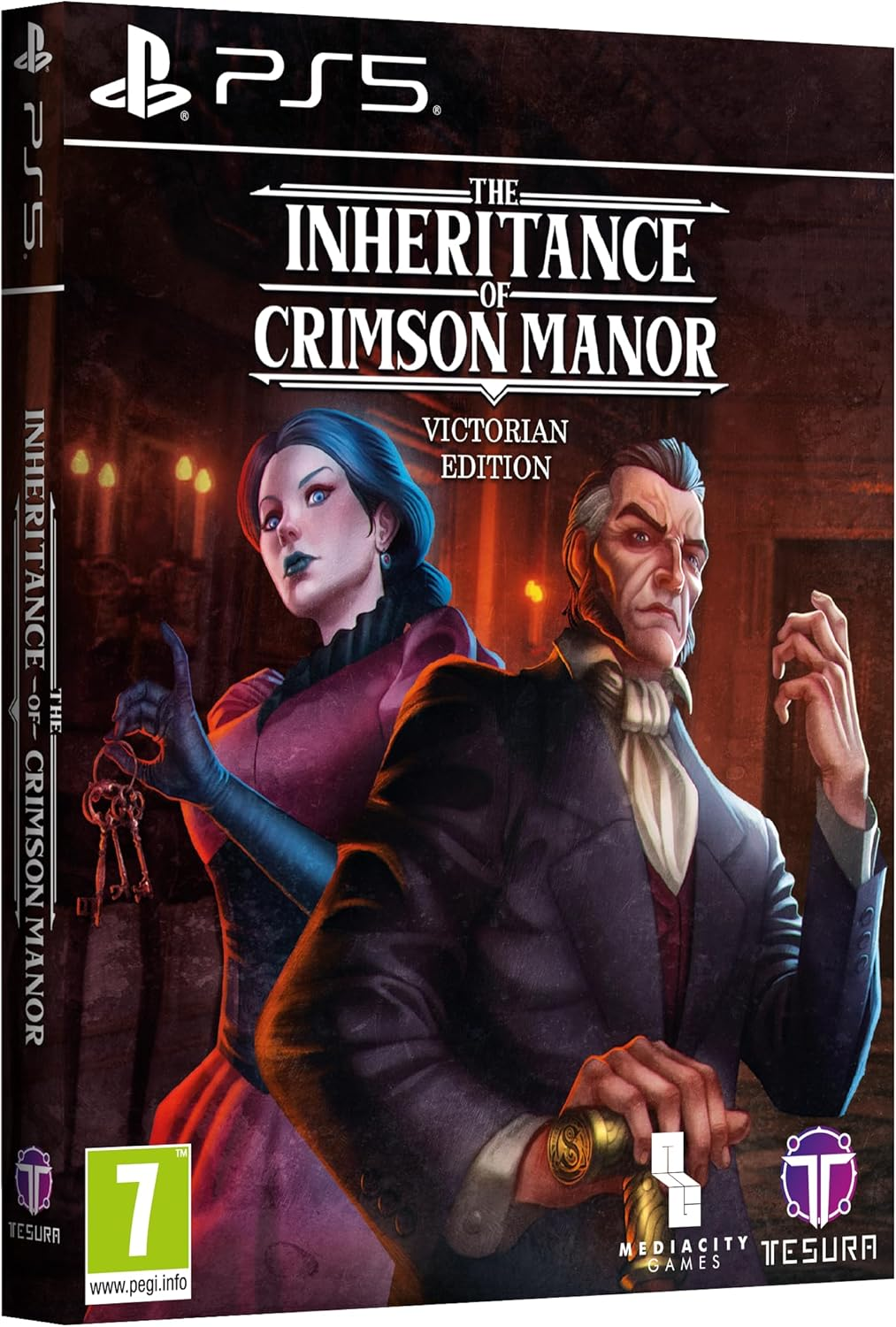 Okładka gry: wiktoriańska para, klucze, tytuł 'The Inheritance of Crimson Manor', logo PS5, ocena 7.