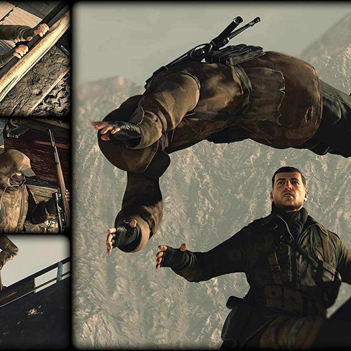 Mężczyzna upada z wyciągniętymi ramionami, a inny mężczyzna patrzy w górę. Inni trzymają karabiny w tle.