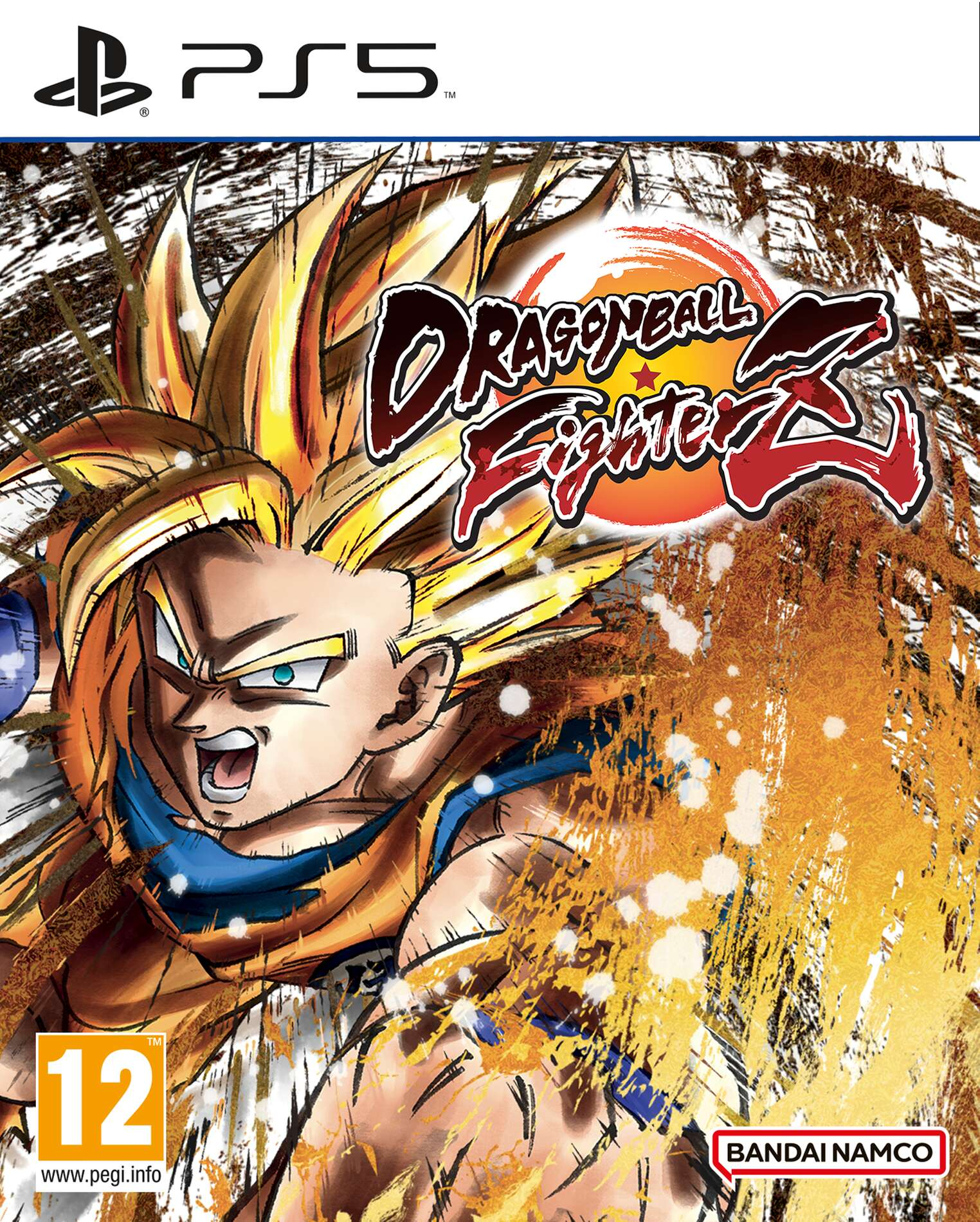 Okładka Dragon Ball Fighter Z. Goku z żółtymi włosami na pierwszym planie, logo gry i logo PS5 u góry.