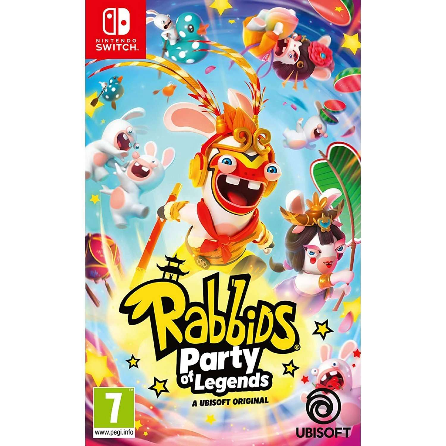 Okładka gry Rabbids Party of Legends. Postacie Rabbids skaczą wokół logo. Logo Nintendo Switch znajduje się na górze.