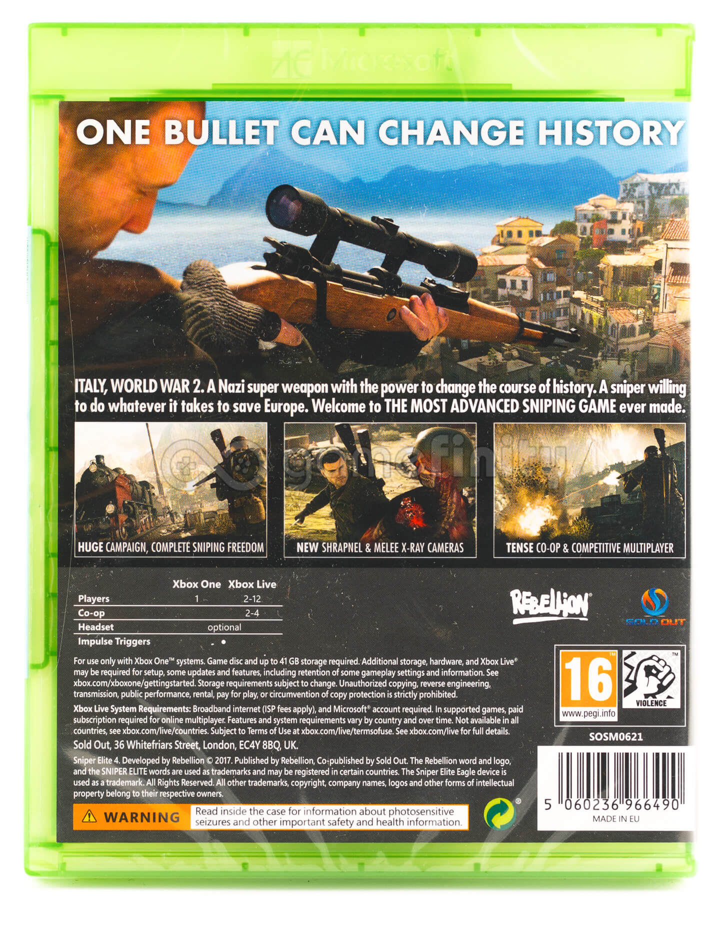 Okładka gry. Snajper celuje z karabinu w miasto. Gra to Sniper Elite 4, na Xbox One.