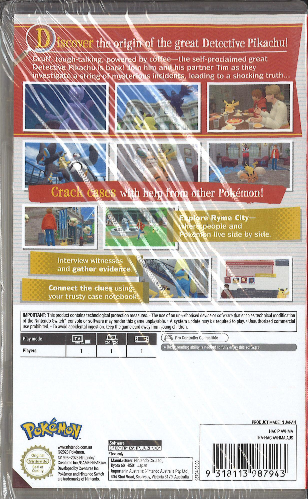 Tył gry Detective Pikachu. Zawiera sceny, postacie i tekst. Logo Nintendo i informacje o grze na dole.
