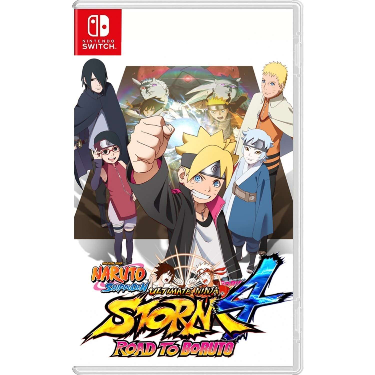 Custodia del gioco per Nintendo Switch con personaggi di Naruto. Boruto è al centro con altri intorno. Titolo: Naruto Shippuden Ultimate Ninja Storm 4.
