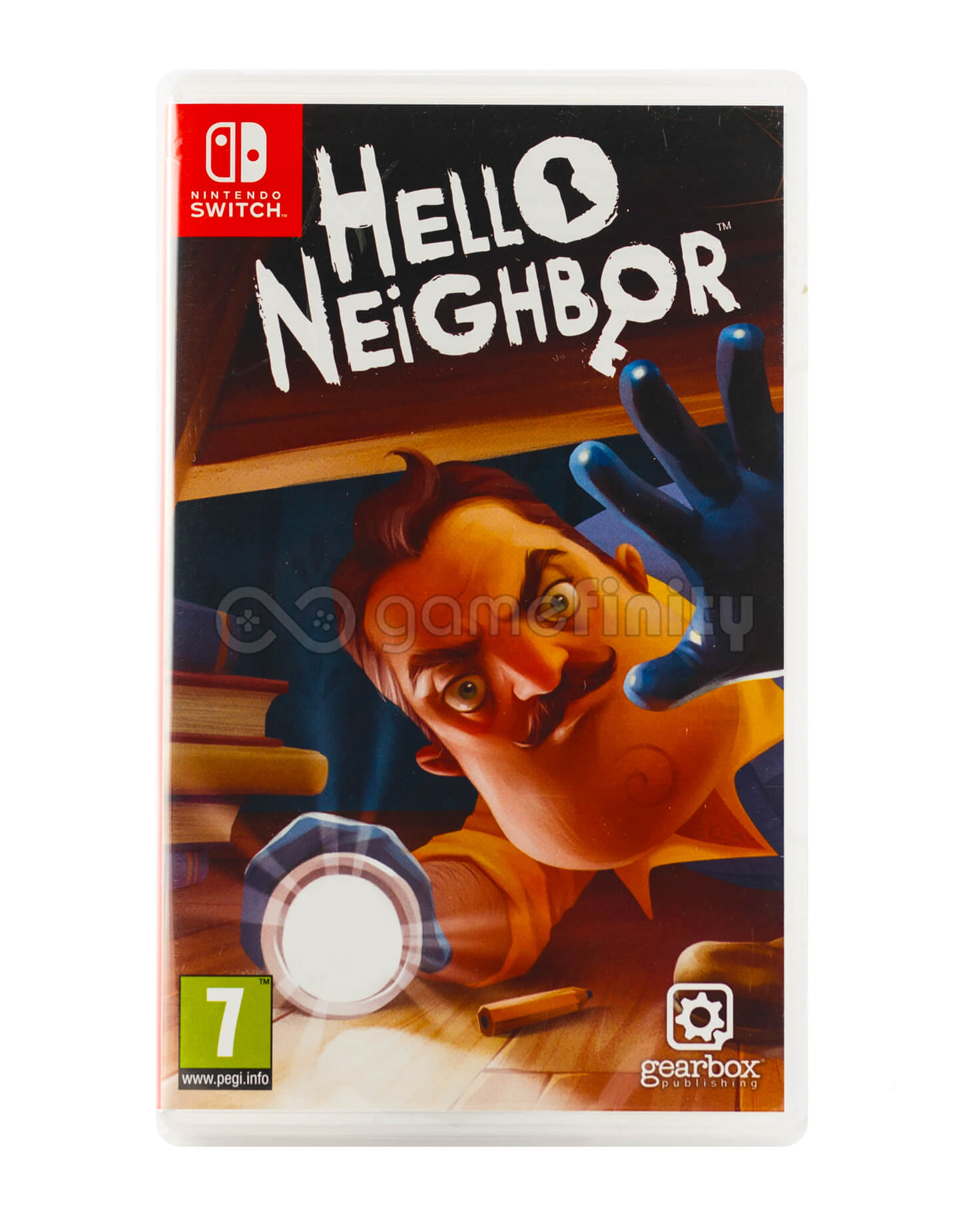 Pudełko z grą Hello Neighbor. Mężczyzna z wąsami w żółtej koszuli wyciąga rękę. Tytuł znajduje się na górze z logo Nintendo Switch.