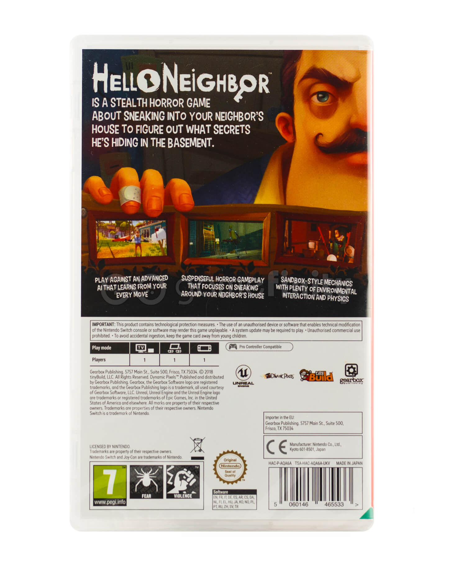 Pudełko gry Hello Neighbor. Przedstawia dom i twarz sąsiada. Tekst zawiera szczegóły rozgrywki i ostrzeżenia.