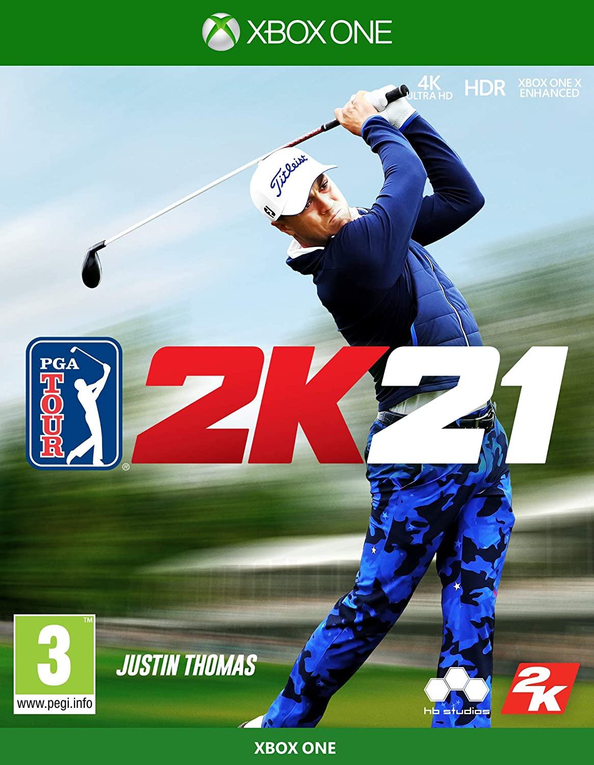 Okładka PGA Tour 2K21. Golfista Justin Thomas wykonuje zamach. Tekst: '2K21', 'PGA TOUR' i 'Xbox One'.