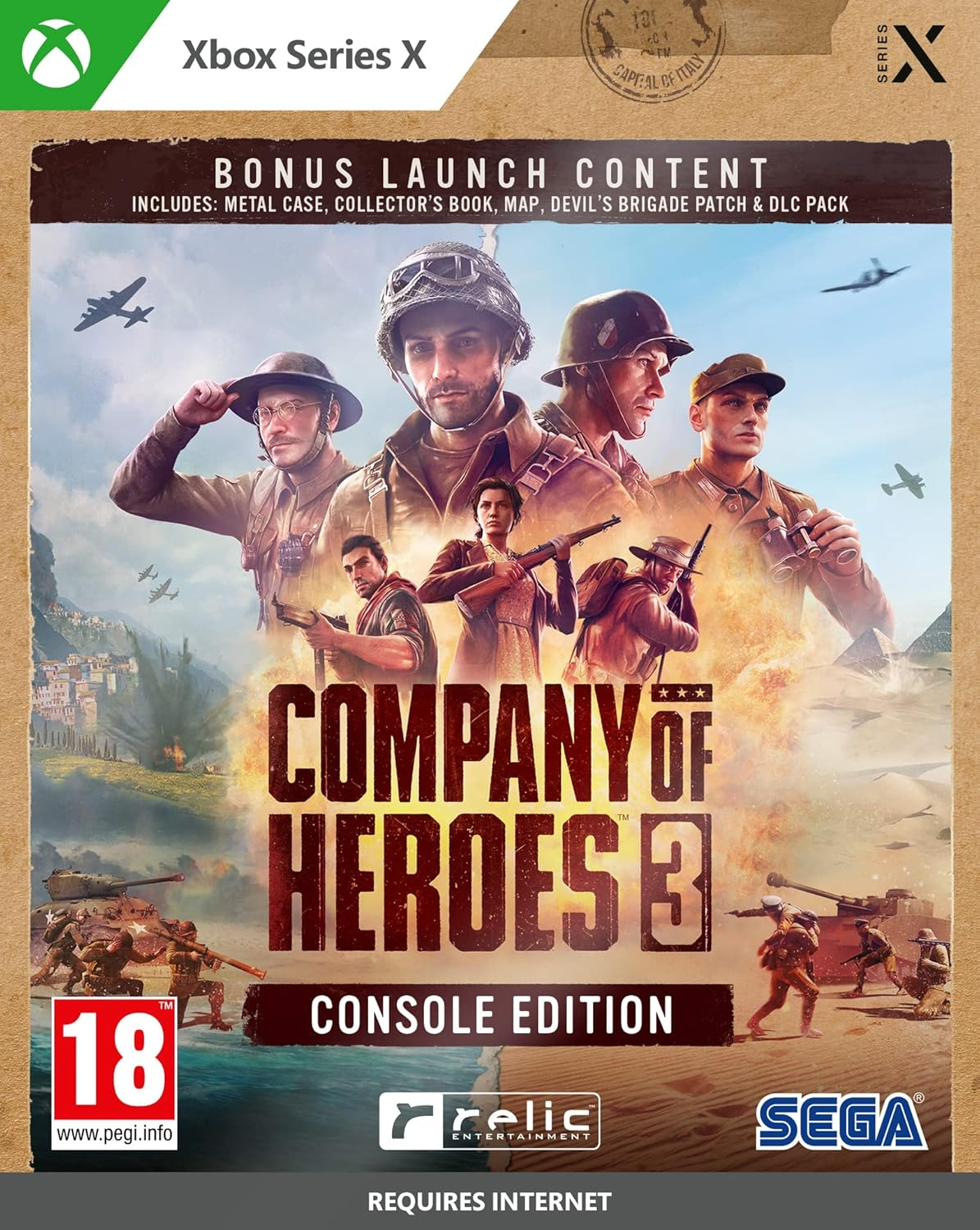 Okładka gry Company of Heroes 3. Żołnierze w scenie wojennej. Zawiera zawartość bonusową. Xbox Series X.