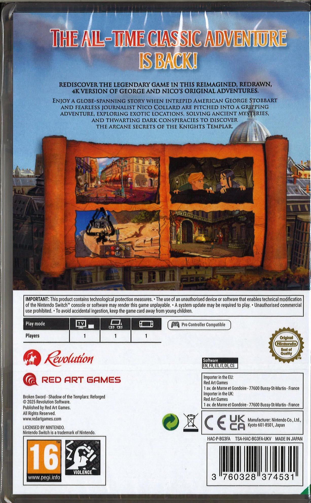 Grafika pudełka gry. Pokazuje klasyczną grę przygodową z globalną historią. Zawiera postacie i sceny z gry.