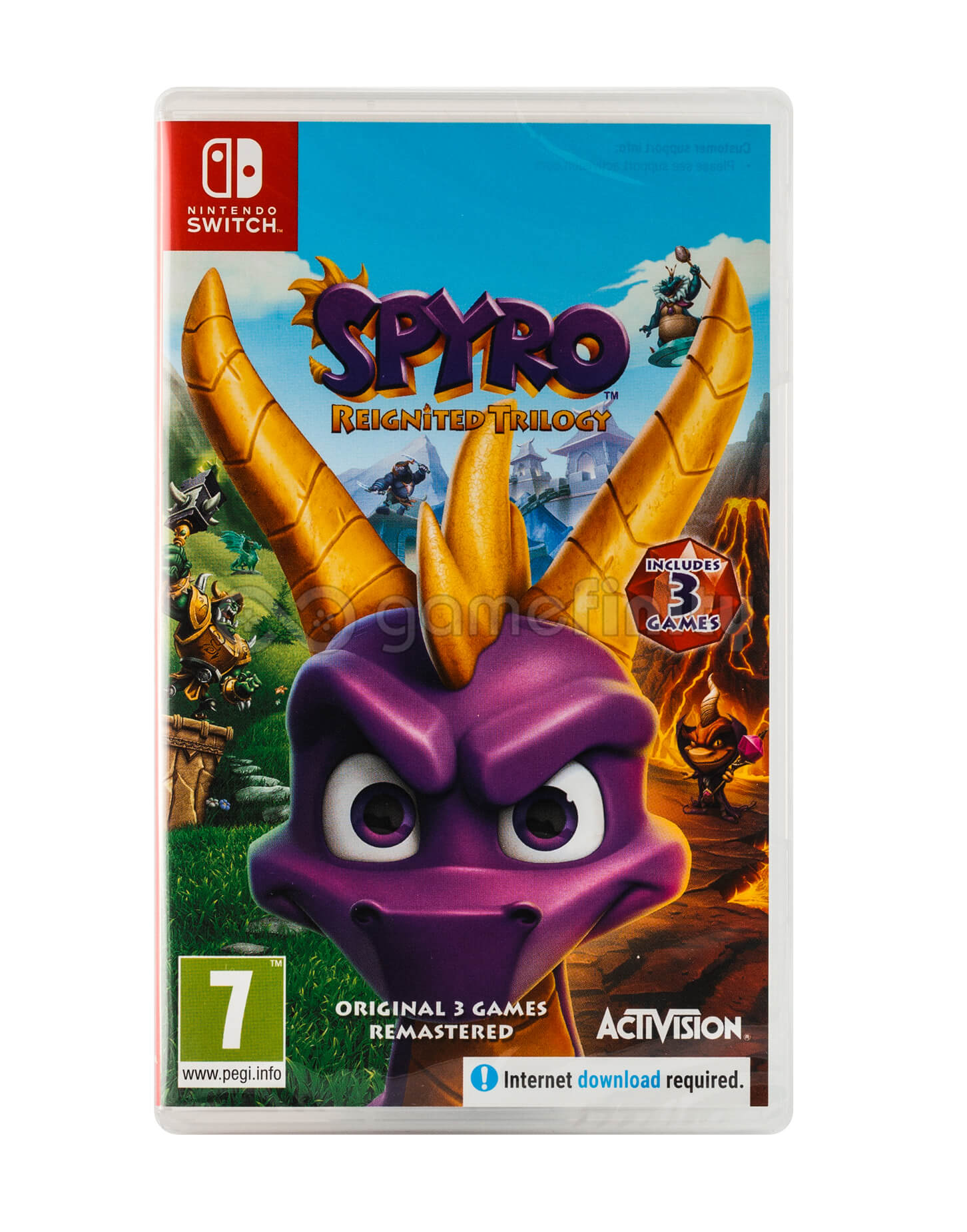 Etui do gry 'Spyro Reignited Trilogy'. Pokazuje twarz smoka Spyro i złote rogi. Etui mówi, że zawiera 3 gry.