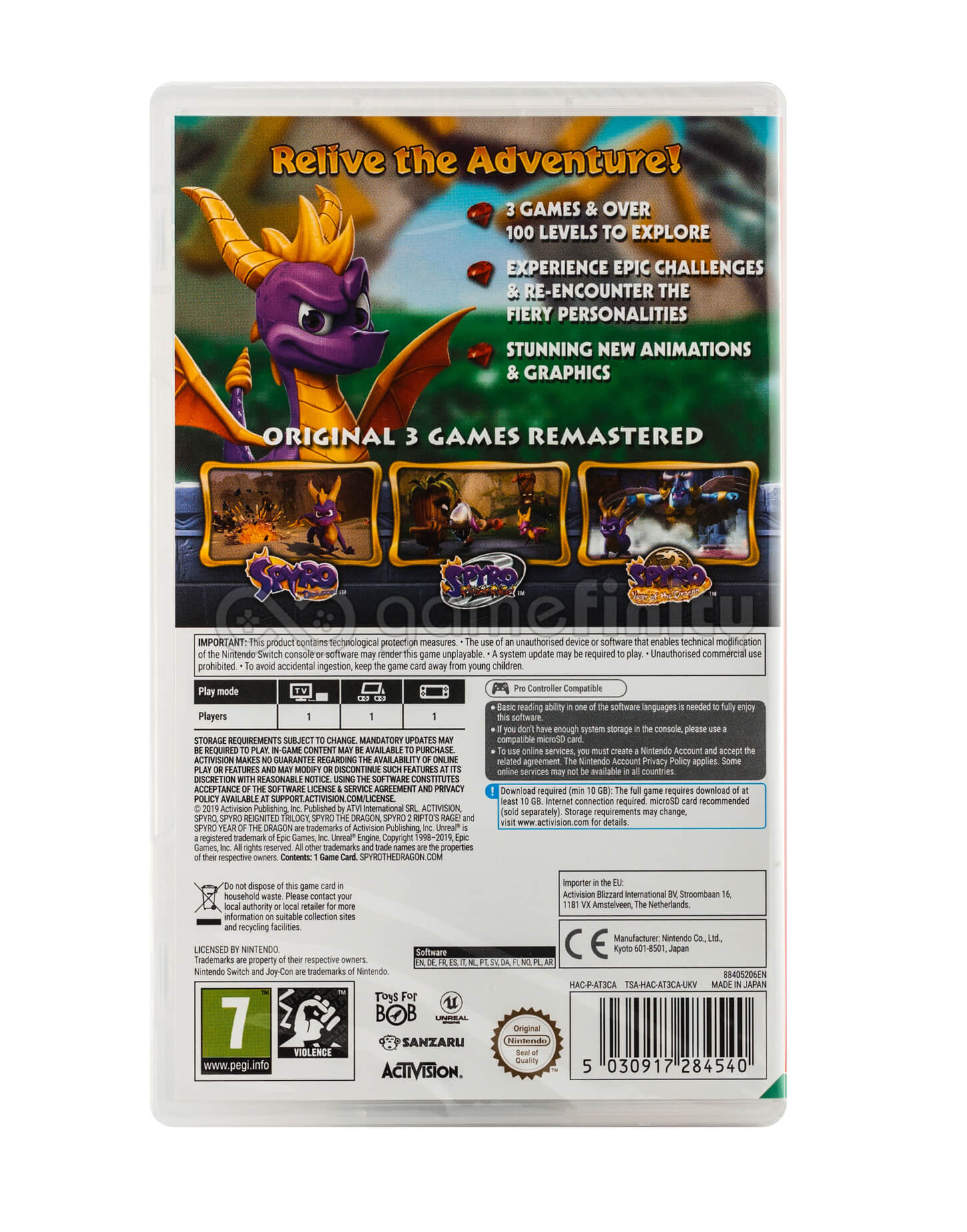 Grafika pudełka gry. Gra Spyro the Dragon. Fioletowy smok. Tekst: Przeżyj przygodę! 3 gry, 100 poziomów.