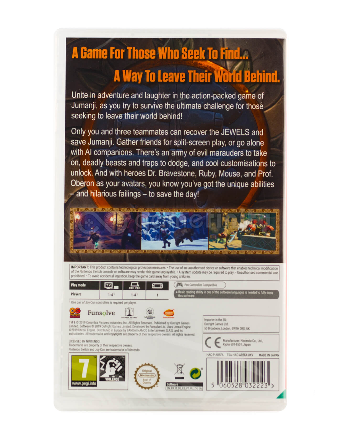 Grafika pudełka gry Jumanji. Zawiera postacie w scenerii dżungli. Tekst zawiera tytuł gry i ocenę PEGI.