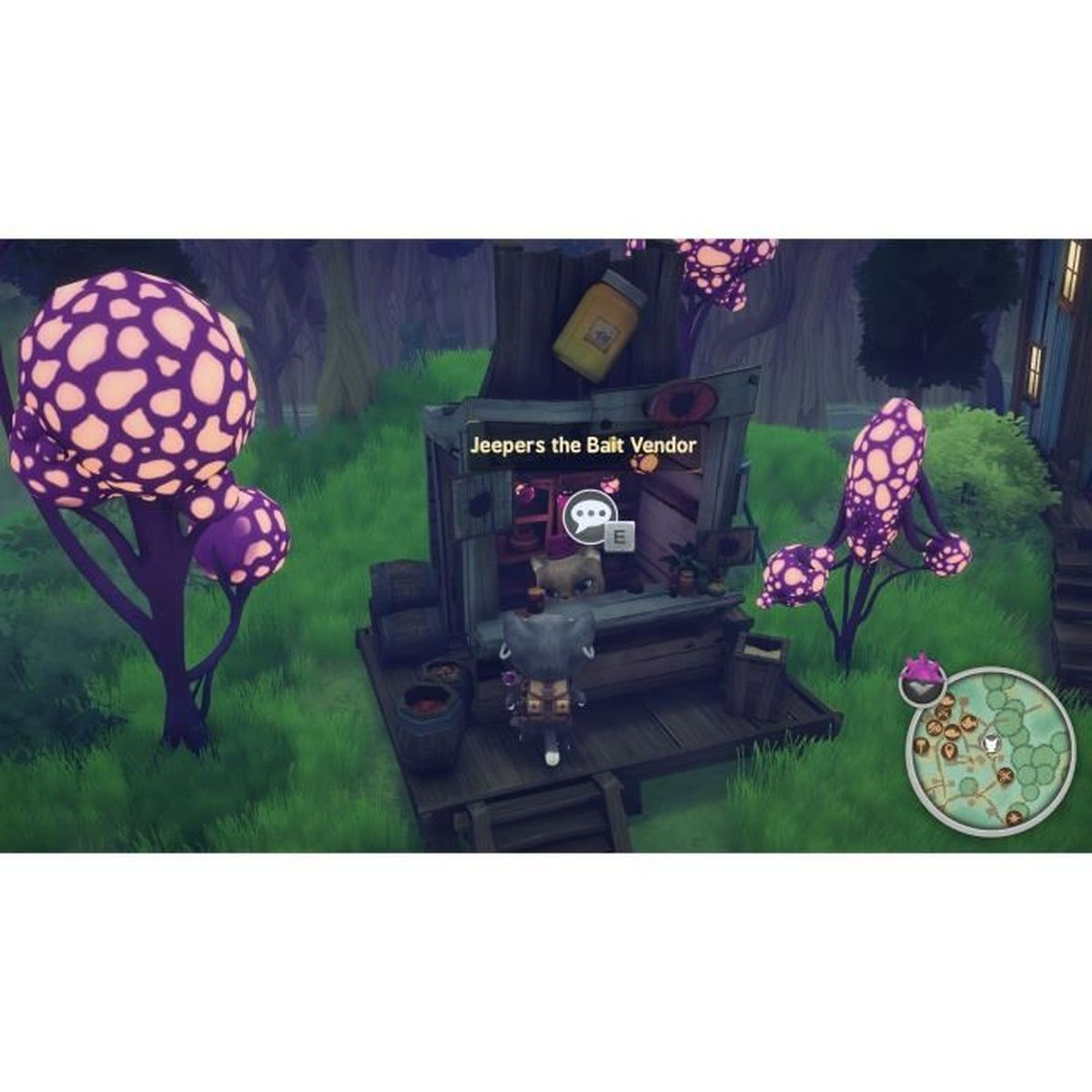 Scena z gry ze stoiskiem sprzedawcy przynęt. Widoczne są fioletowe drzewa grzybowe, postać i mapa. Sprzedawca ma dymek czatu.