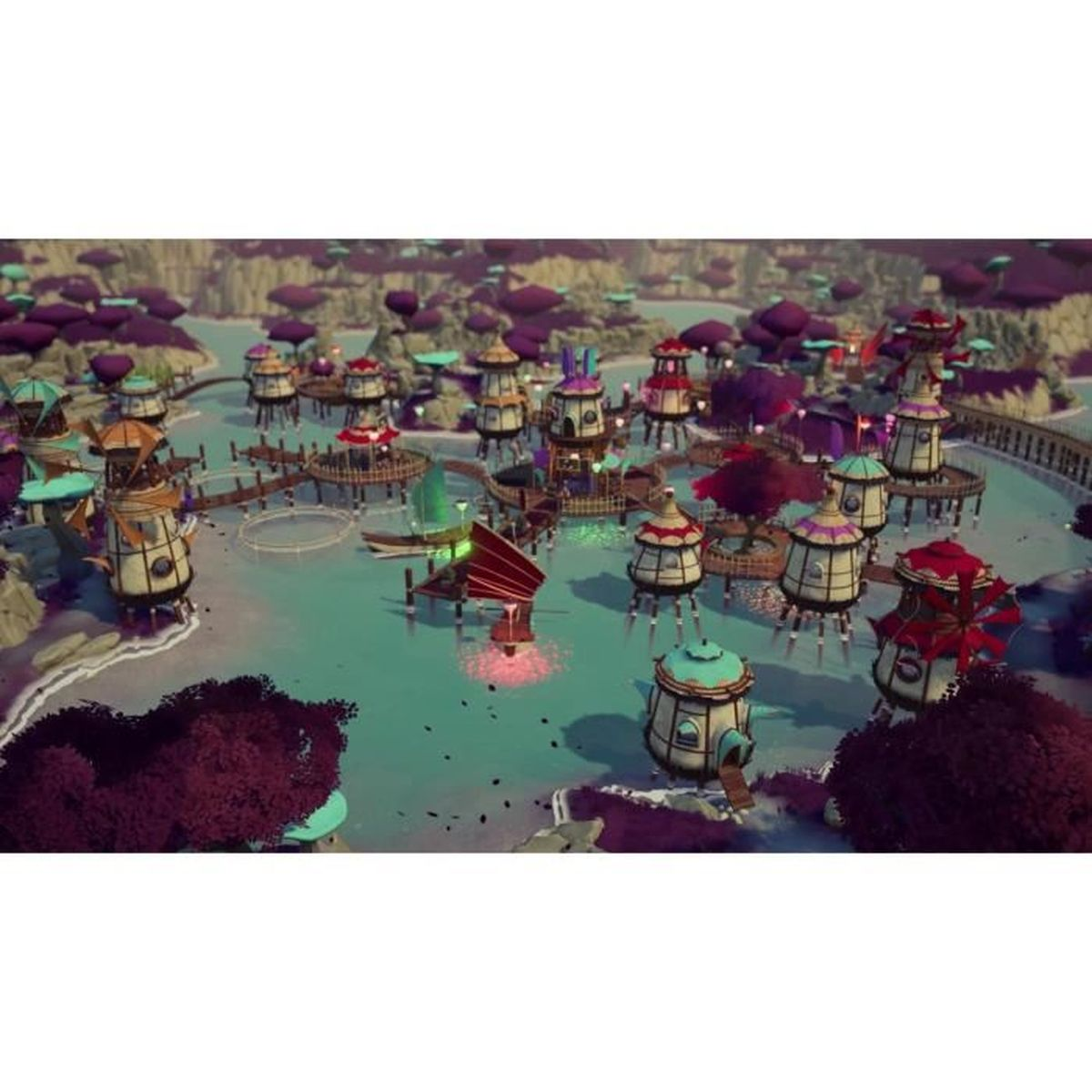 Kolorowy krajobraz fantasy z budynkami na palach nad wodą, drzewami i mostami. Scena jest żywa.