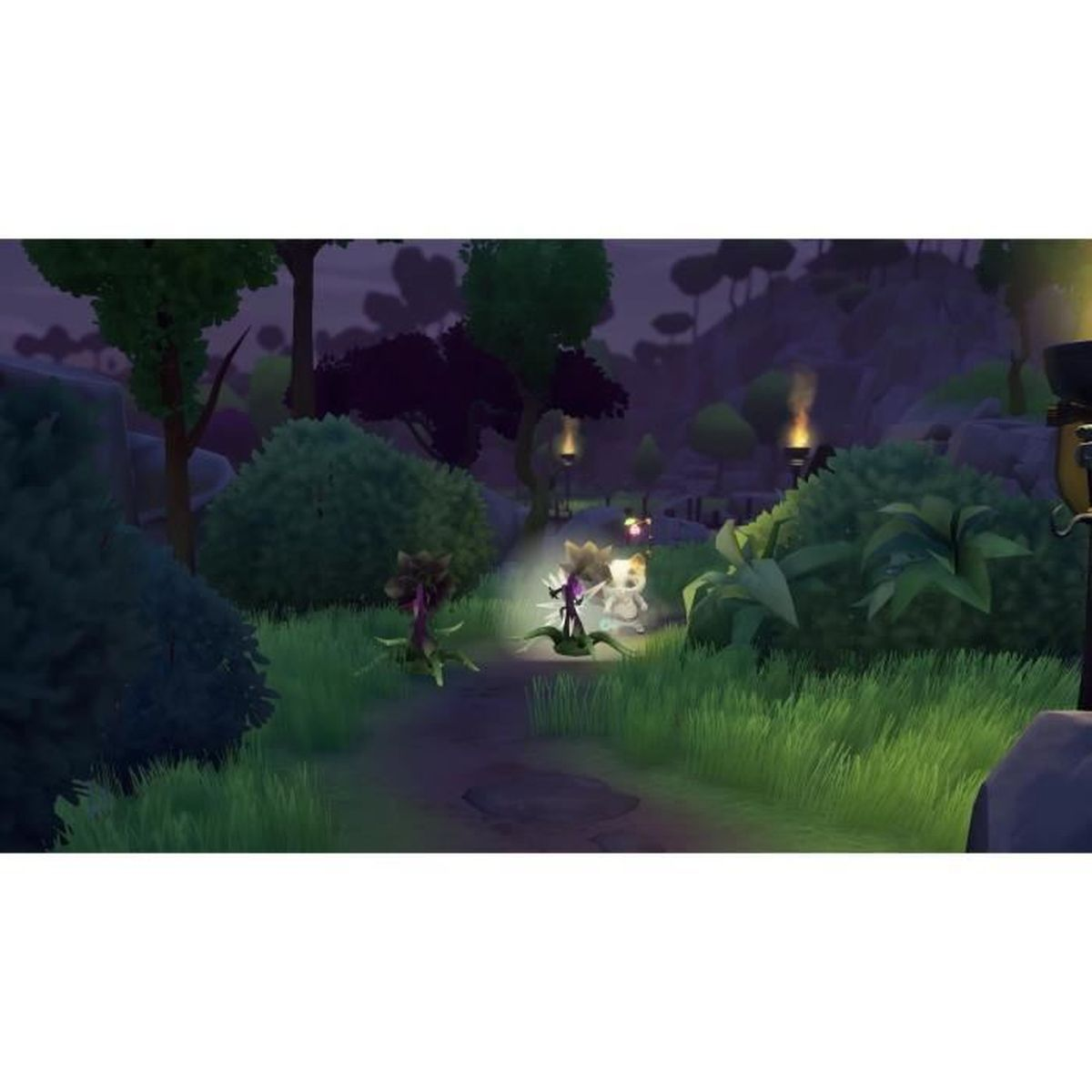 Nocna scena leśna. Dwie postacie są oświetlone reflektorem, otoczone roślinami. Krzewy i drzewa pokrywają krajobraz. Pochodnie płoną w tle.