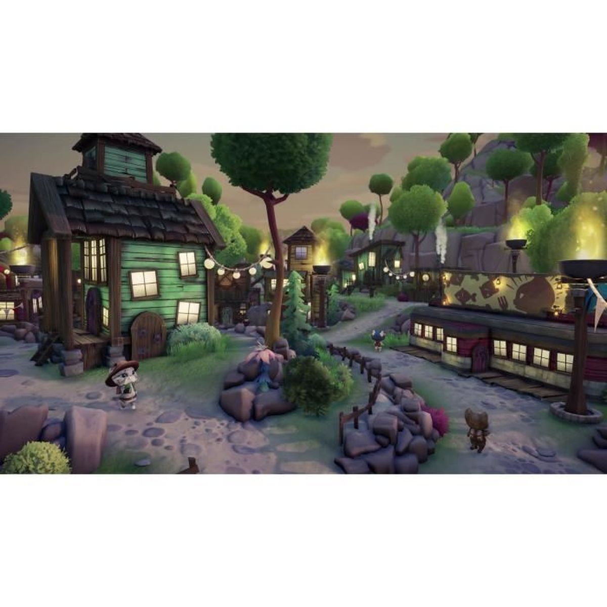 Kreskówkowe miasteczko z zielonymi budynkami, pociągiem, postaciami i drzewami. Światła wiszą między budynkami. Unosi się trochę dymu.