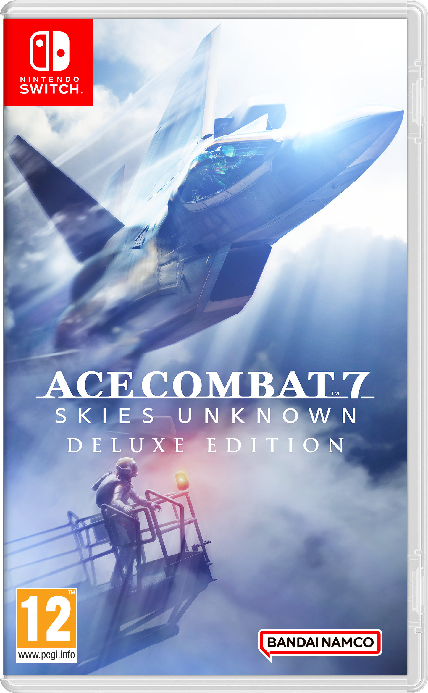 Okładka gry Ace Combat 7 z odrzutowcem w locie. Osoba stoi na platformie na pierwszym planie.