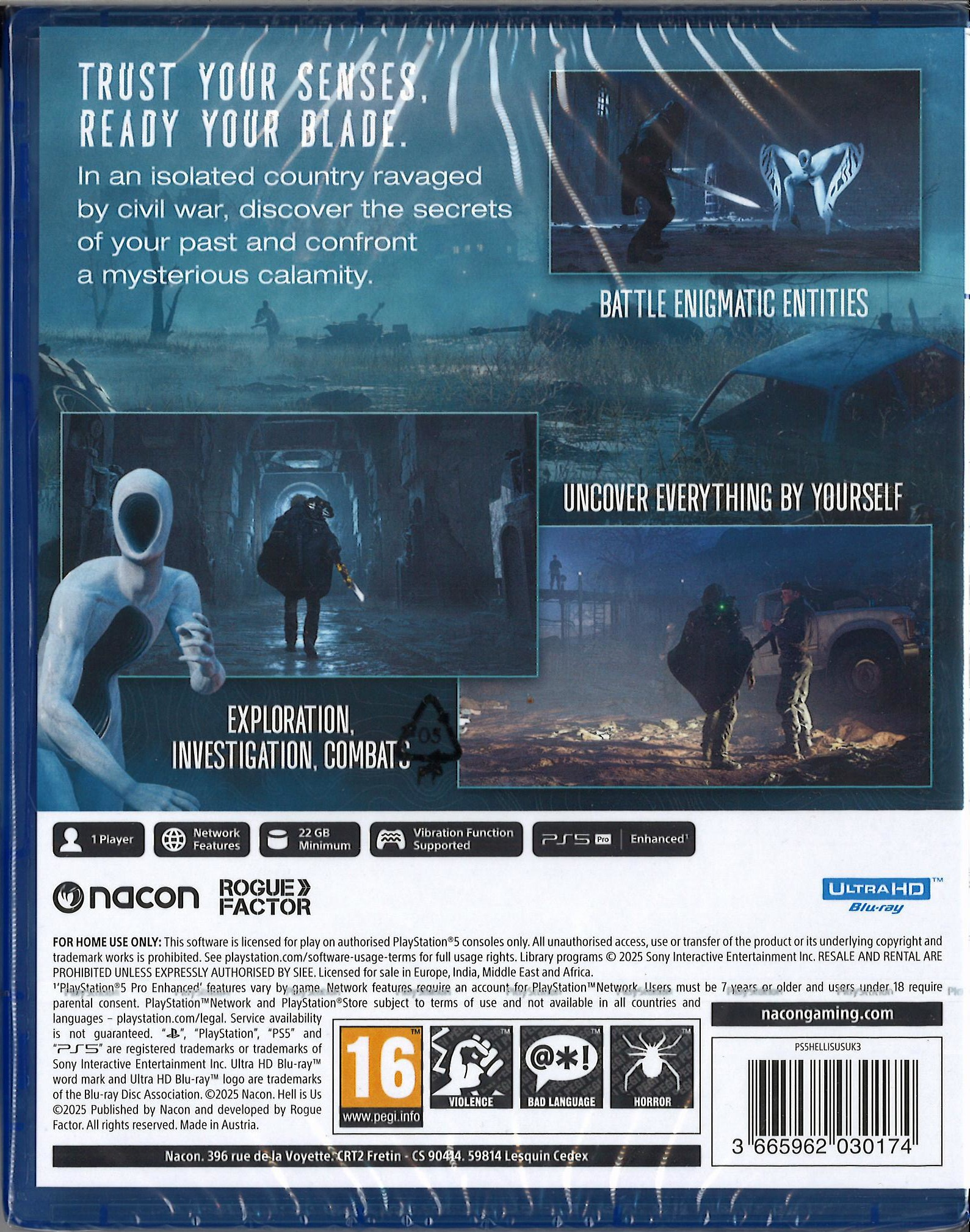 Okładka gry przedstawiająca postacie w scenerii zniszczonej wojną z tekstem: Zaufaj swoim zmysłom. Przygotuj ostrze.