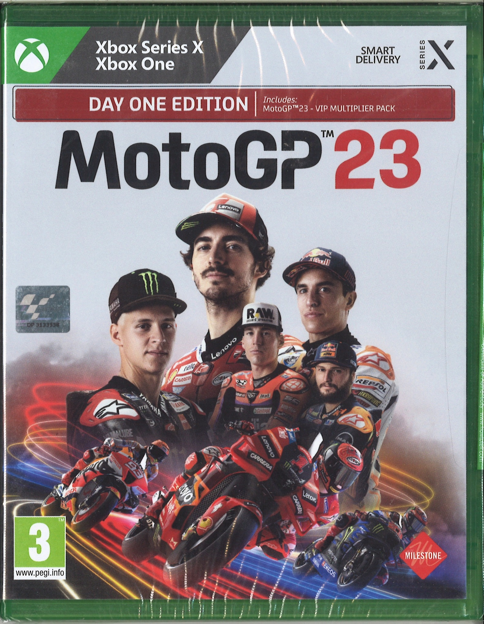 Okładka gry MotoGP 23. Przedstawia zawodników i motocykle. Zawiera logo Xbox i tekst 'Day One Edition'.