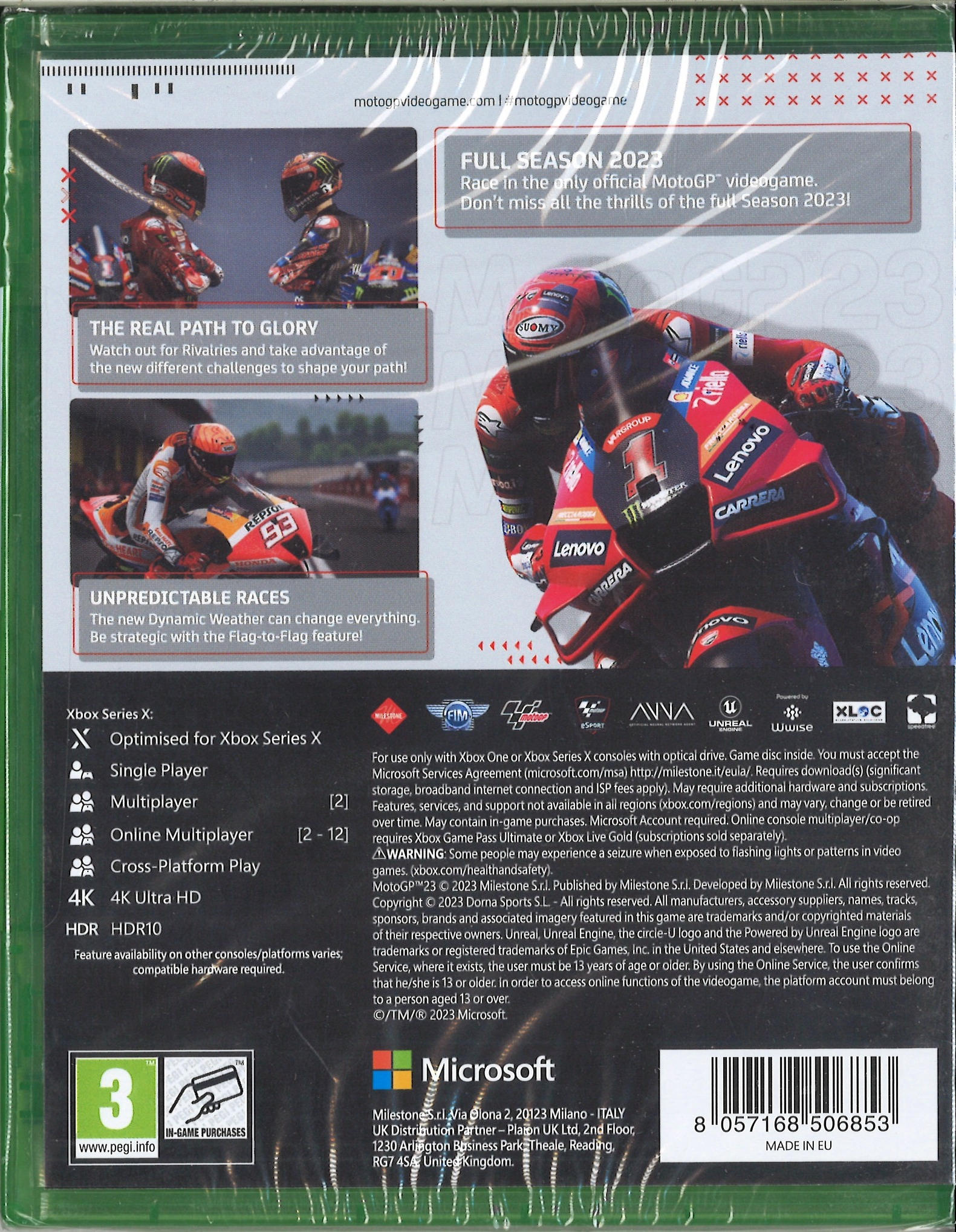 Pudełko z grą z zawodnikami. MotoGP 2023. Zawodnicy na motocyklach z logo sponsorów. Widoczne logo Xbox Series X.
