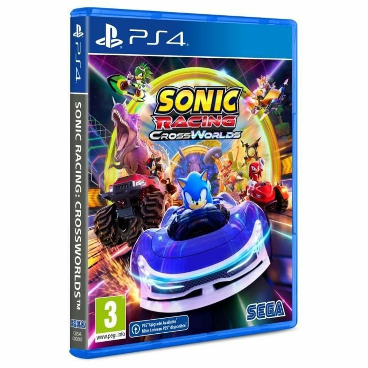 Artwork della scatola del gioco PS4 per Sonic Racing: CrossWorlds. Mostra Sonic in un'auto blu, personaggi in corsa e il titolo del gioco.
