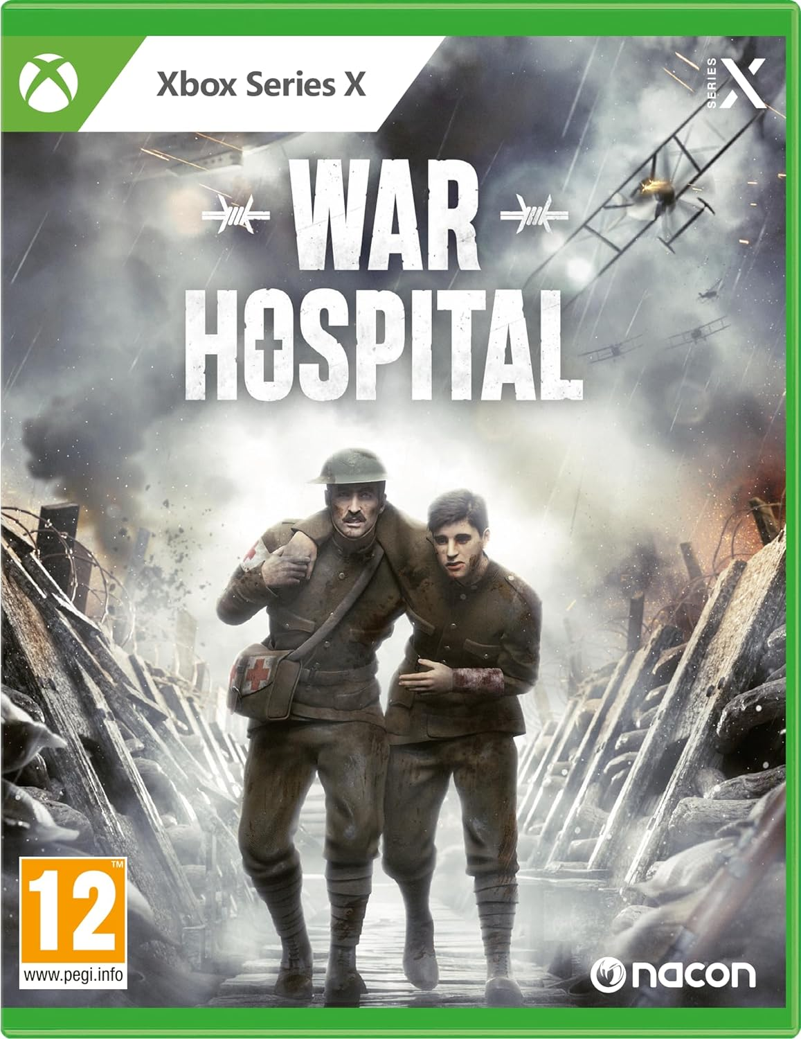 Okładka gry War Hospital. Dwóch żołnierzy w mundurach. Tytuł, logo Xbox Series X i samoloty w tle.