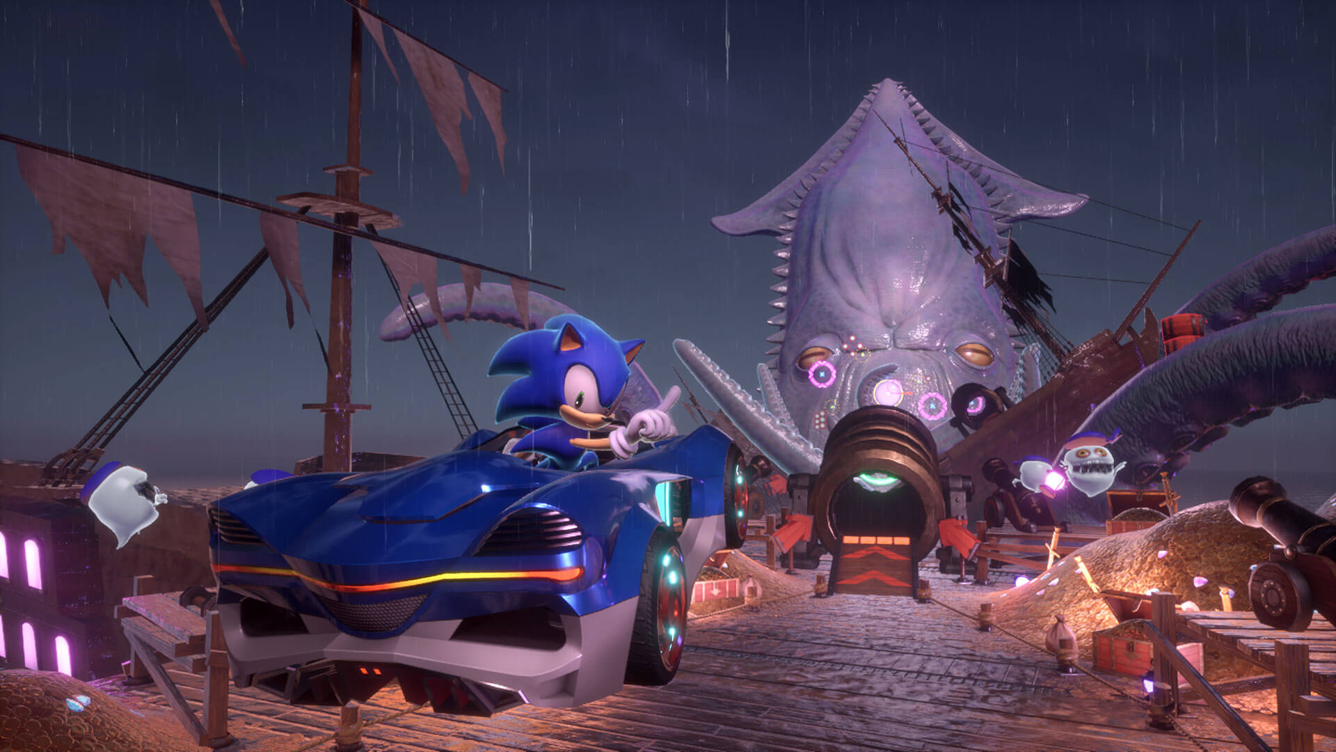 Sonic guida un'auto blu su un molo con un kraken sullo sfondo. I fantasmi volano in giro. Una nave è dietro di loro.