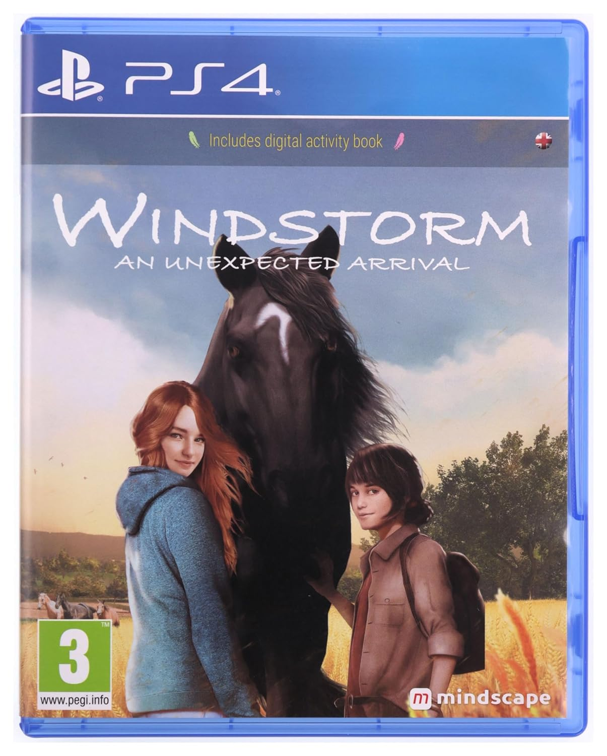 Copertina del gioco PS4: Windstorm, un cavallo con due persone, una ragazza dai capelli rossi e un ragazzo. Lo sfondo ha campi.