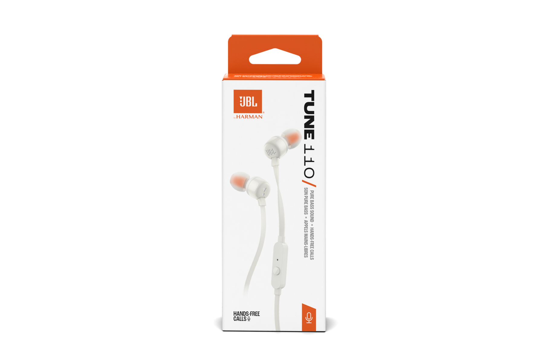 Een witte JBL Tune 110 oortjes doos. De doos heeft het merklogo, productnaam en kenmerken. De oortjes zijn ook zichtbaar.