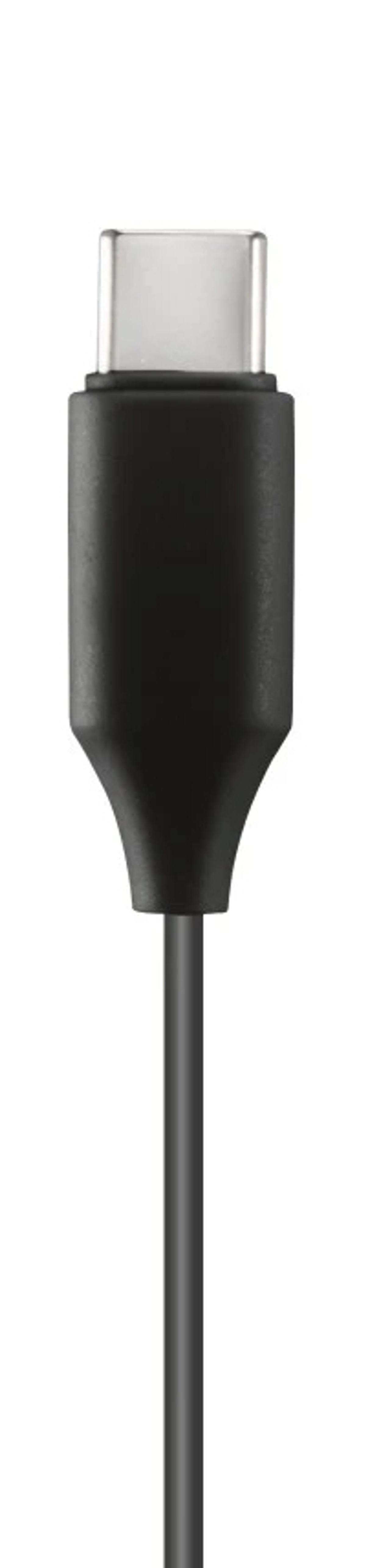Nahaufnahme eines USB-C-Kabels. Der Stecker ist silberfarben, der Körper und das Kabel sind schwarz, vor weißem Hintergrund.