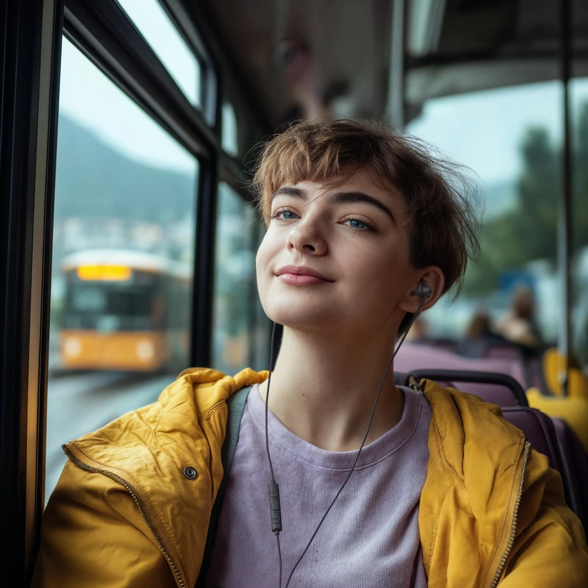 Eine junge Frau mit blauen Augen und kurzen braunen Haaren lächelt in einem Bus, trägt eine gelbe Jacke und hört Musik. Draußen ist ein Bus zu sehen.