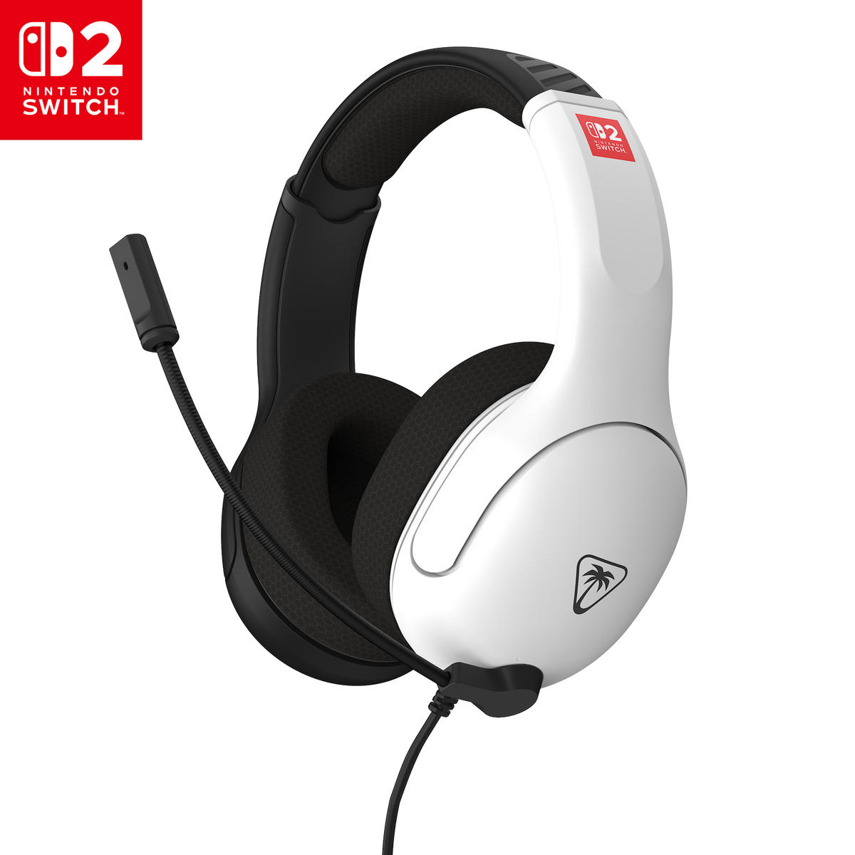 Biało-czarny zestaw słuchawkowy dla graczy. Posiada mikrofon, nauszniki i logo Nintendo Switch. Tło jest czarne.