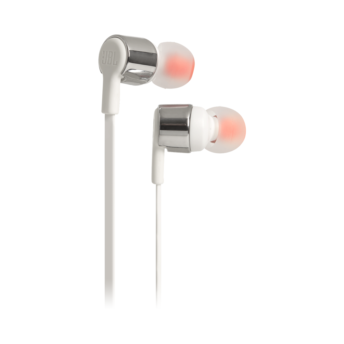 Auriculares internos JBL blancos con detalles plateados y puntas naranjas sobre un fondo negro.
