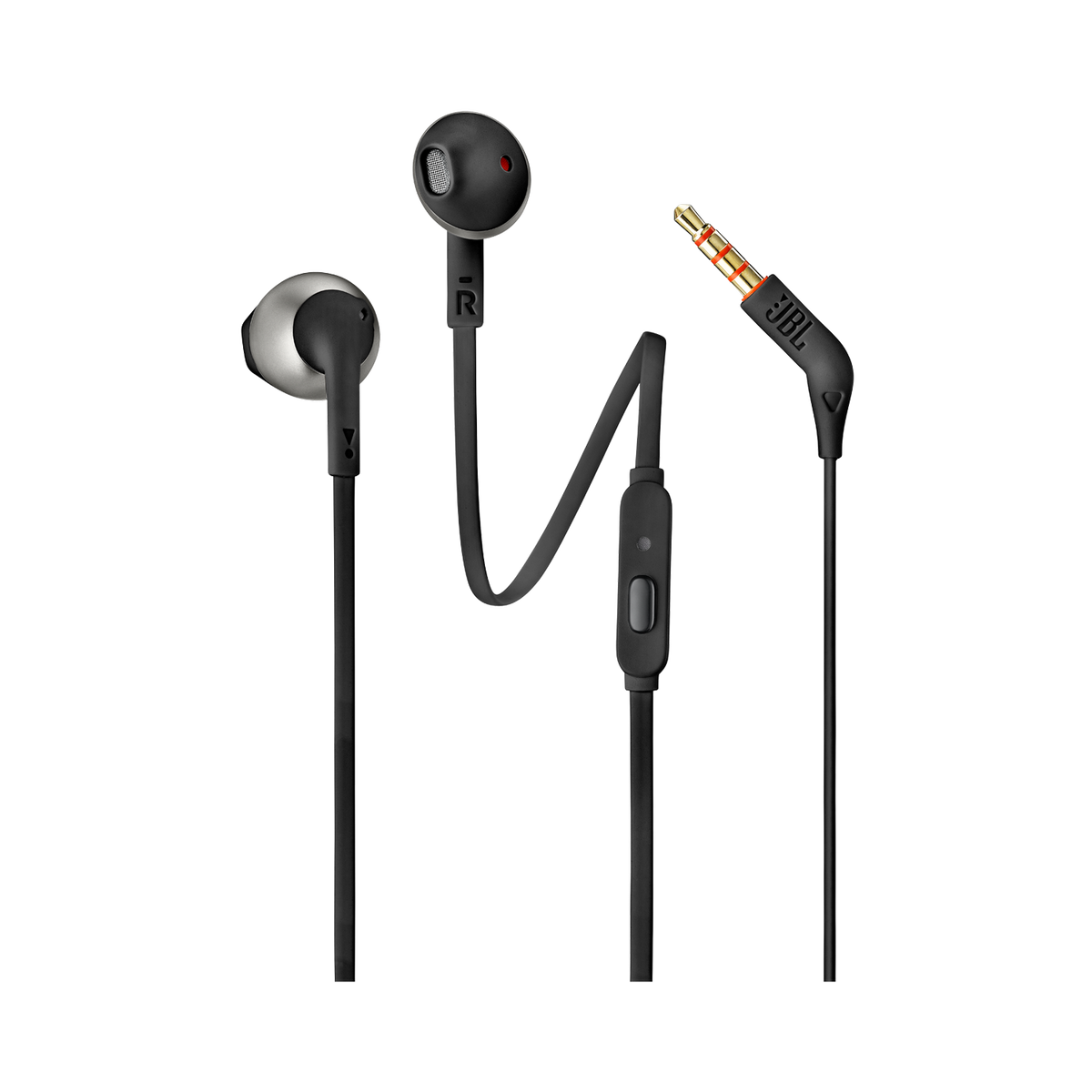 Czarne słuchawki JBL z wtyczką 3,5 mm. Słuchawki mają przycisk sterowania i mikrofon. Czerwona kropka jest widoczna na jednym z pączków.