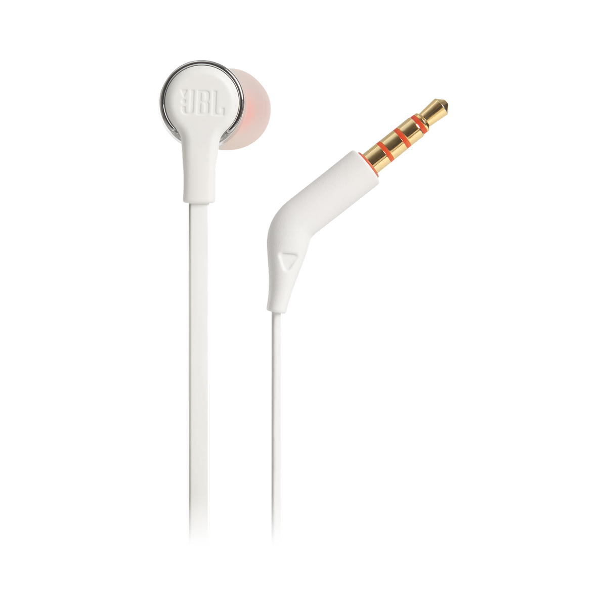 Auriculares internos JBL blancos con detalles naranjas y un conector dorado. El fondo es negro.