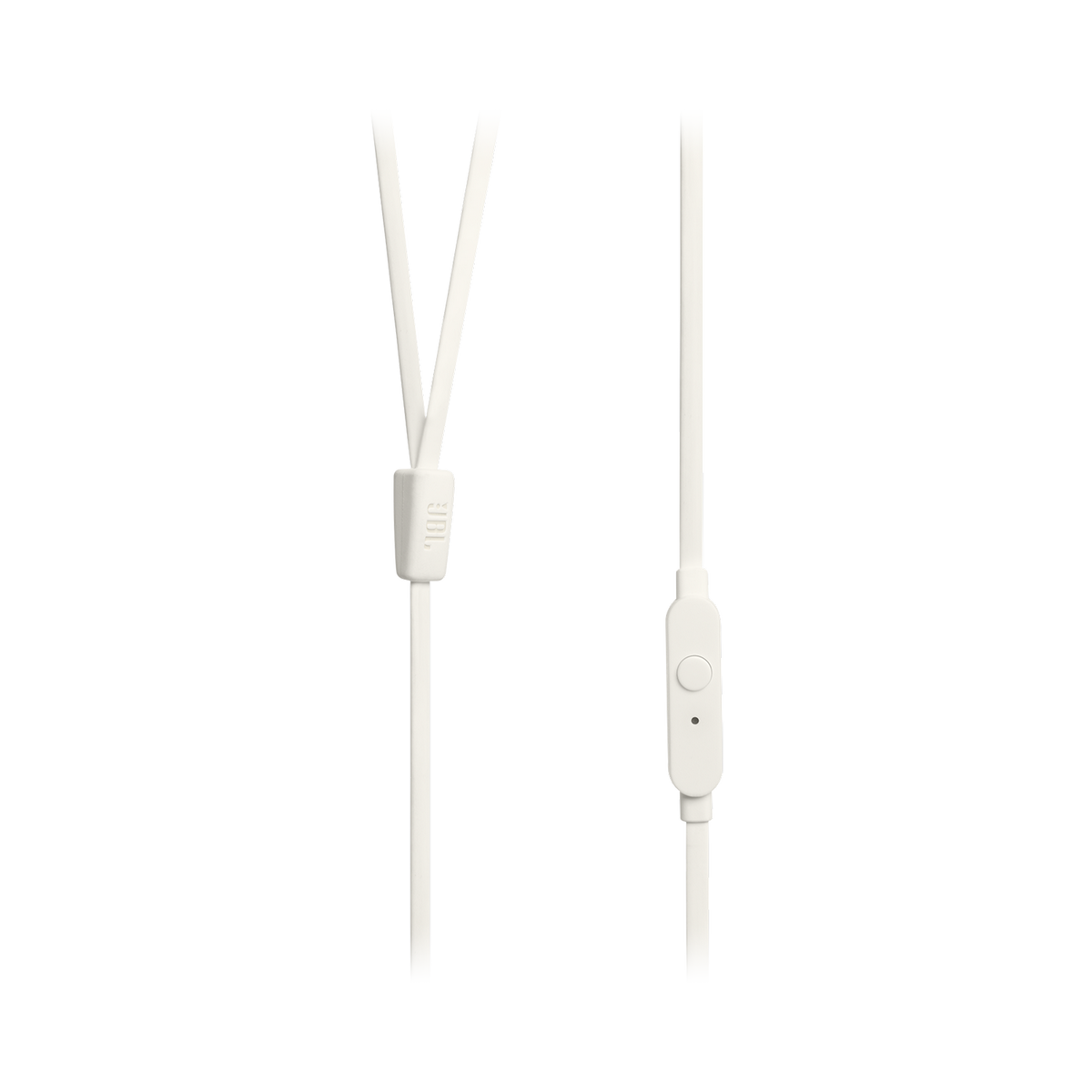 Auriculares JBL blancos con cables adjuntos, uno con un módulo de control y otro con una división en Y. Fondo negro.