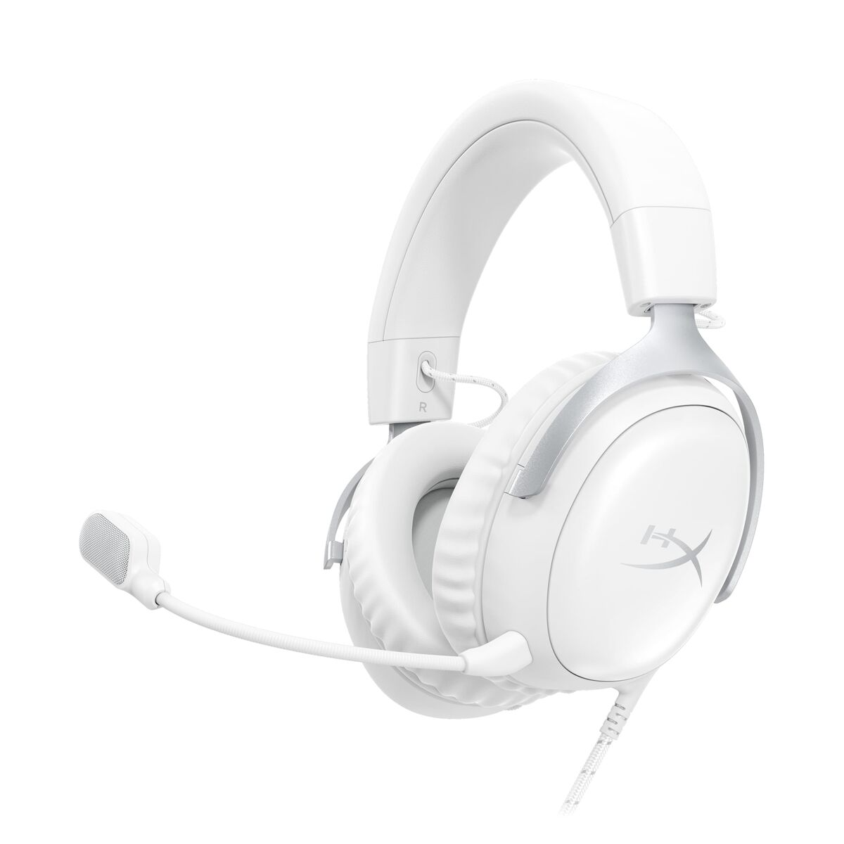Weißes HyperX-Gaming-Headset mit Mikrofon. Verfügt über gepolsterten Kopfbügel, Ohrmuscheln und Mikrofon. Das Kabel ist weiß mit geflochtenem Design.