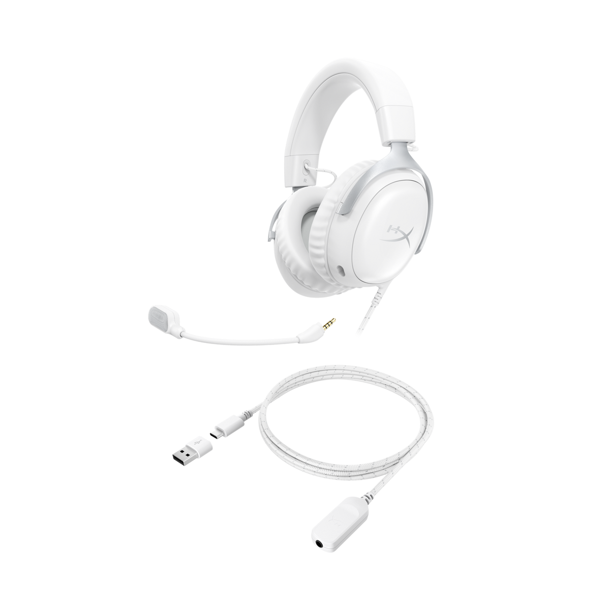 Ein weißes Gaming-Headset mit abnehmbarem Mikrofon und USB-Kabel, vor schwarzem Hintergrund.