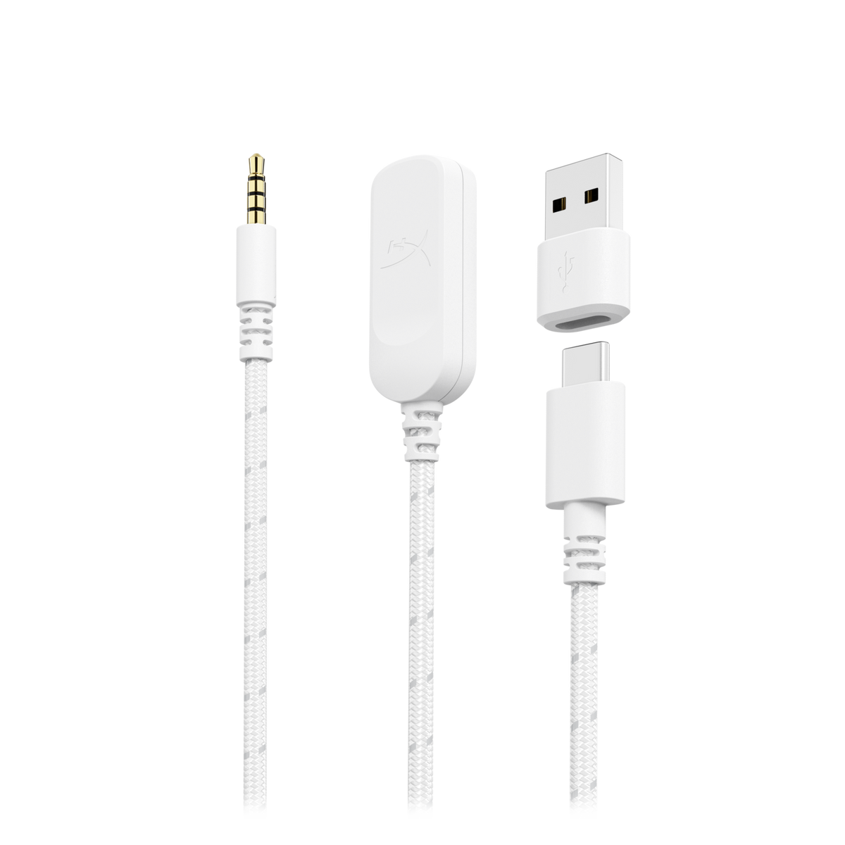 Weißes Audiokabel mit 3,5-mm-Klinke, USB- und USB-C-Anschlüssen. Das Kabel hat ein strukturiertes Muster und einen schwarzen Hintergrund.