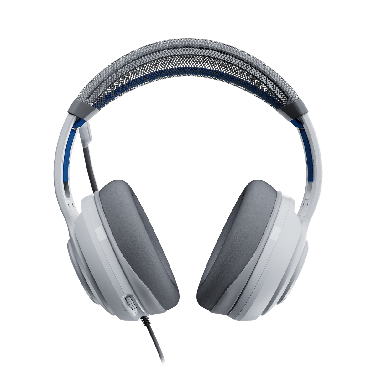 Biało-szare słuchawki dla graczy. Pałąk to szara siatka z niebieskimi akcentami. Muszle są szare i białe.