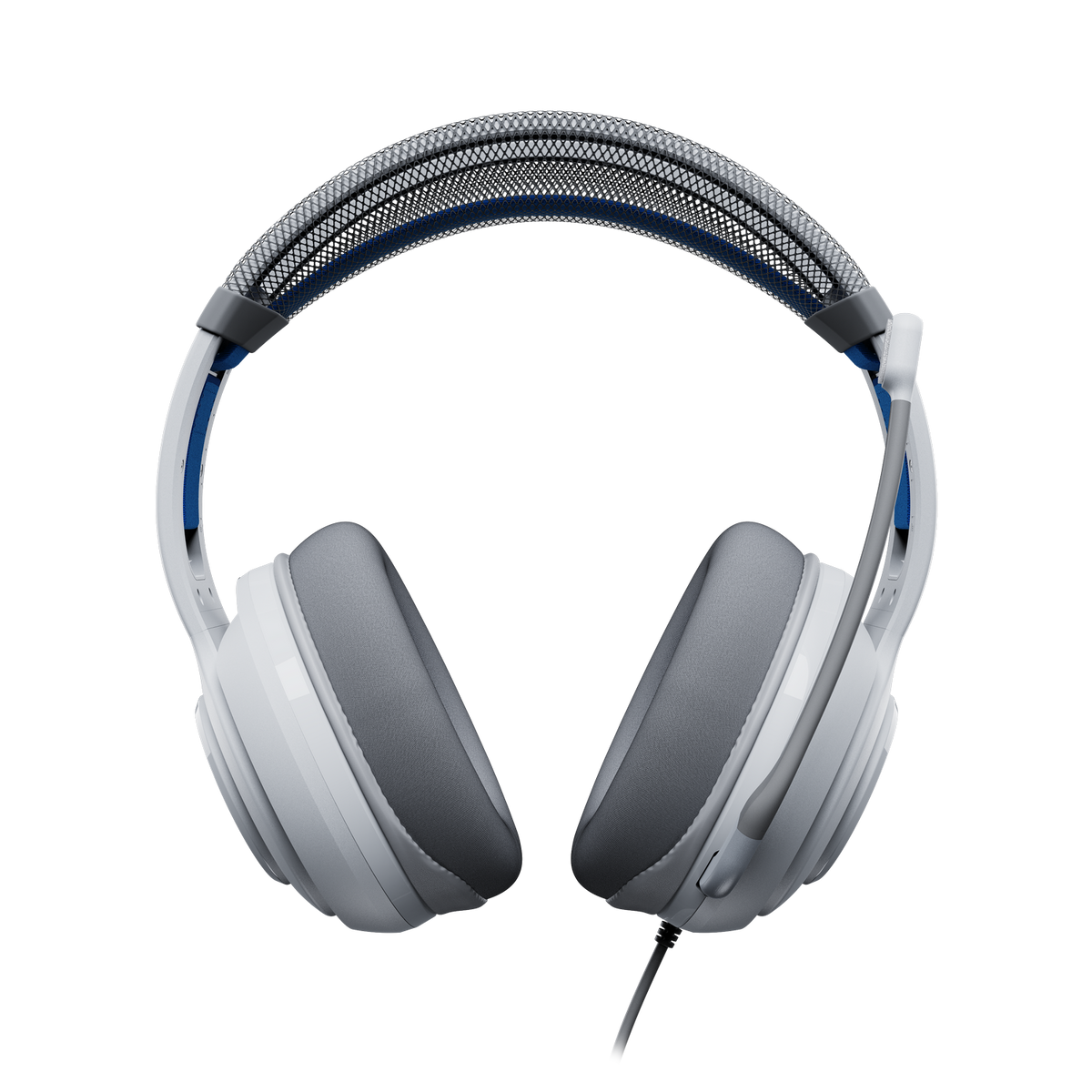Biało-szary zestaw słuchawkowy dla graczy z niebieskimi akcentami. Posiada wyściełane nauszniki, siatkowy pałąk i mikrofon na czarnym tle.