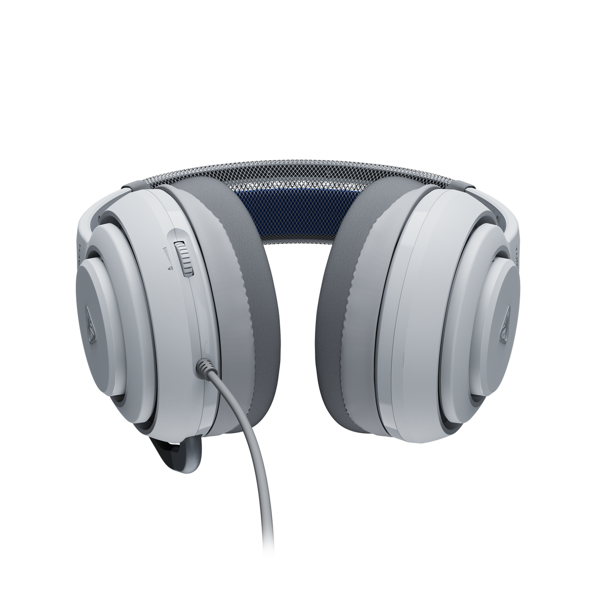 Biało-szare słuchawki dla graczy na czarnym tle. Słuchawki mają regulację głośności i podłączony kabel.