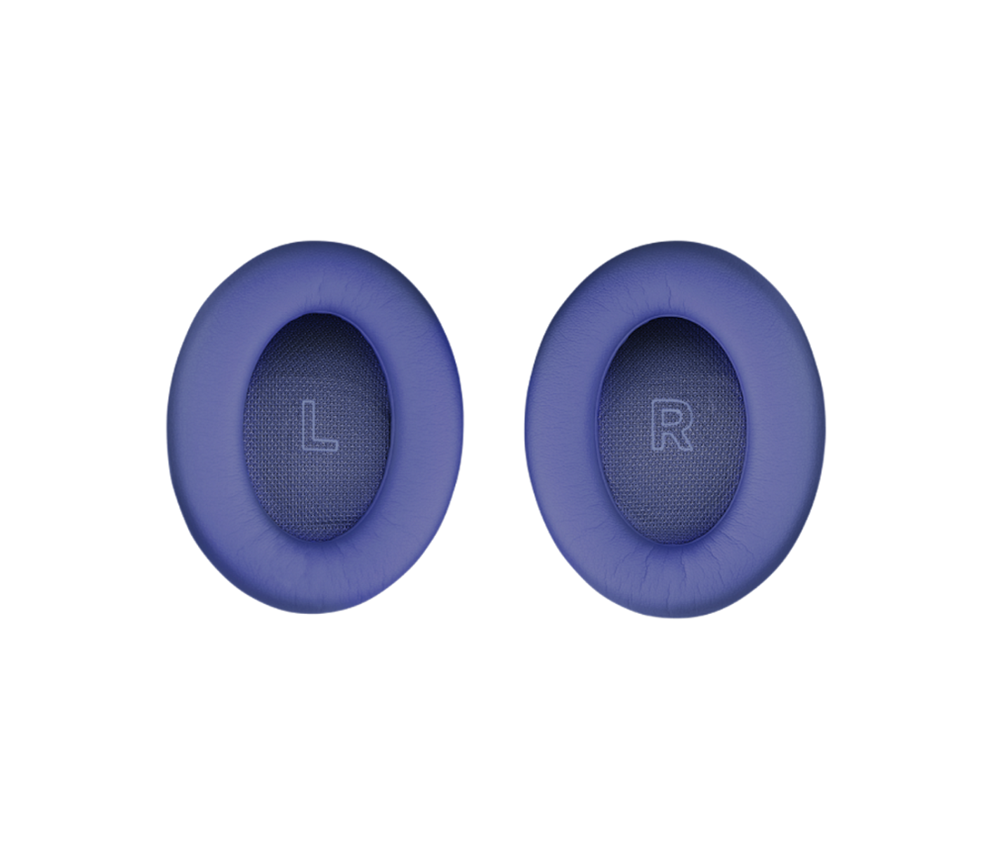Dwie niebieskie nausznice słuchawek na czarnym tle. Jedna oznaczona 'L', druga 'R'. Obie mają teksturowane centrum.
