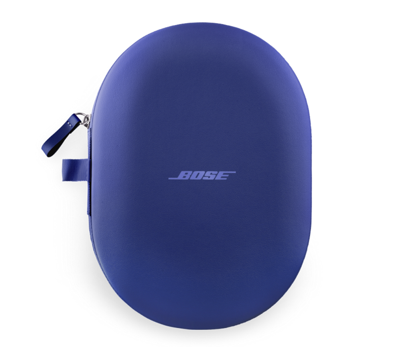Niebieskie etui na słuchawki Bose na czarnym tle. Etui ma owalny kształt i uchwyt. Widoczne logo Bose.