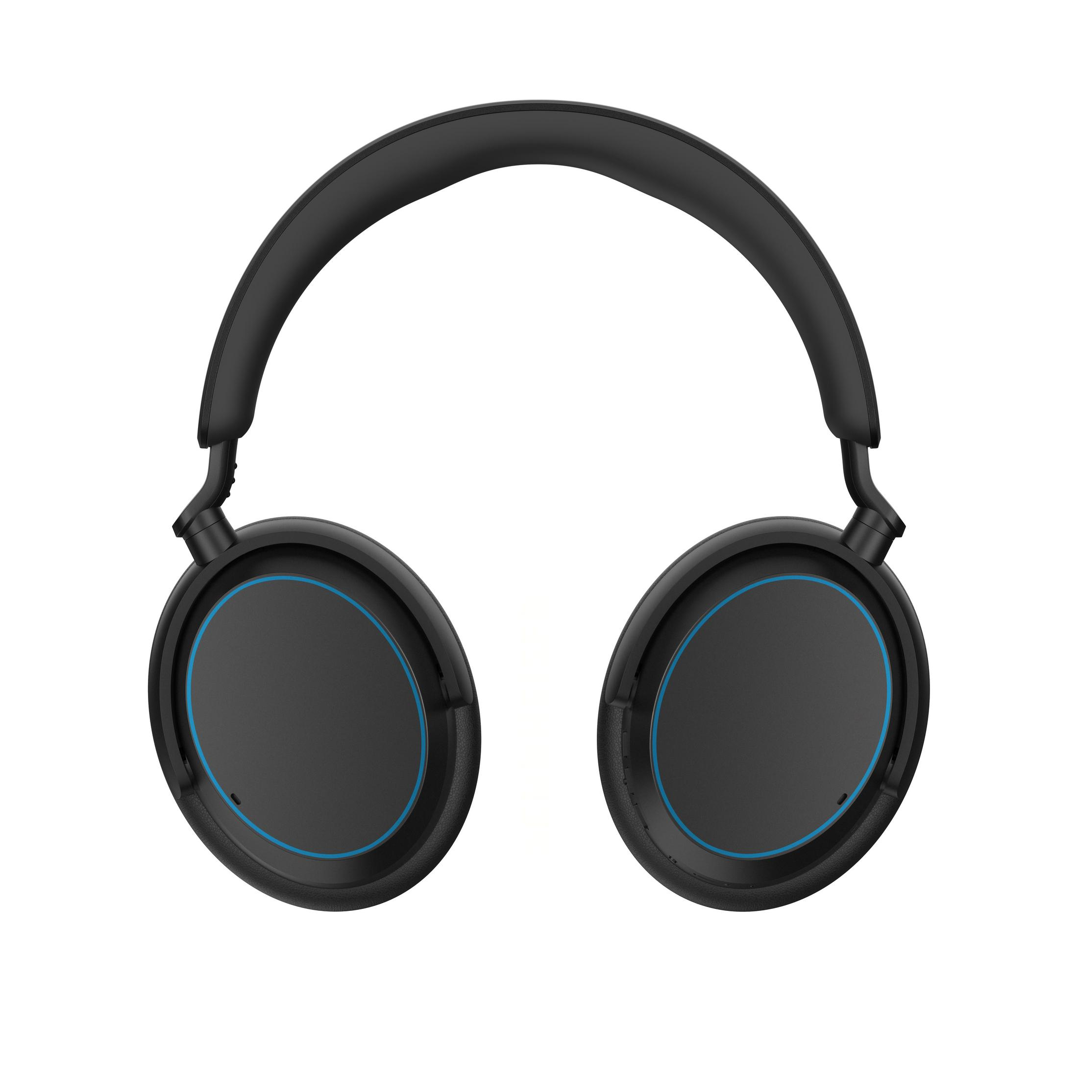 Schwarze Kopfhörer mit blauen Akzenten, Over-Ear-Design und weißem Hintergrund.