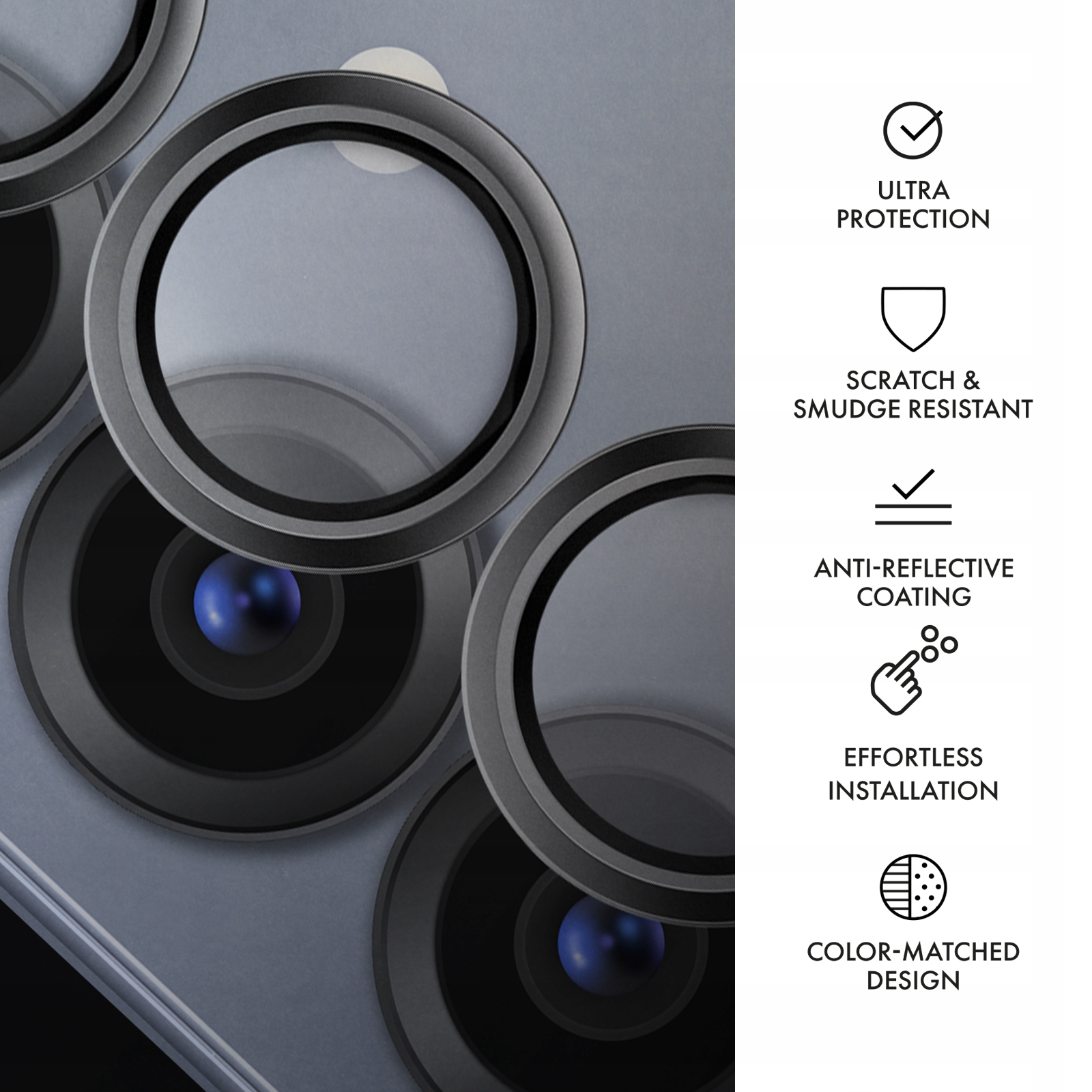 Zbliżenie obiektywów aparatu w telefonie na jasnoniebieskim tle. Najważniejsze cechy: ultra ochrona, odporność na zarysowania, antyrefleksyjność.