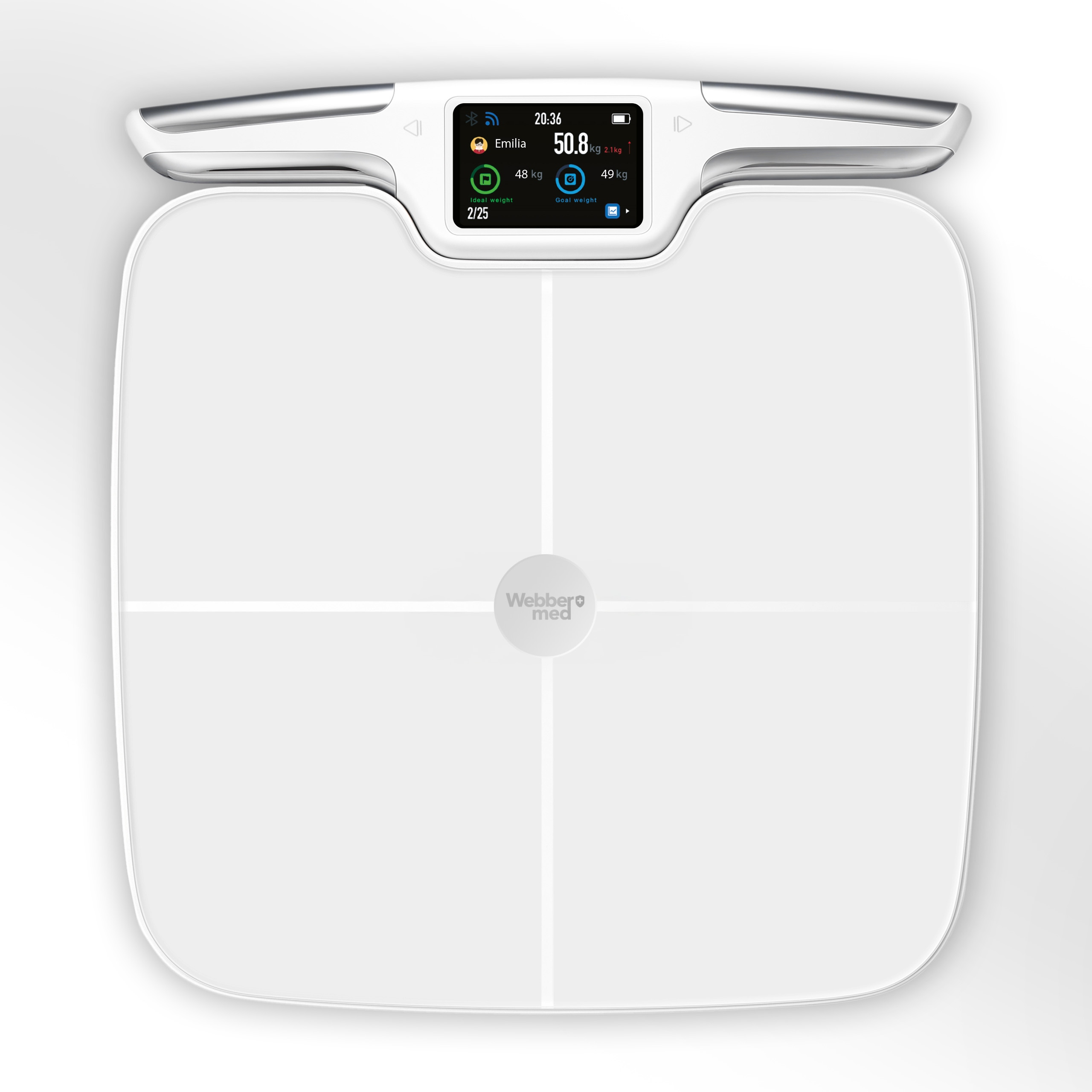 Biała waga cyfrowa z ekranem wyświetlającym wagę, czas i dane użytkownika. Marka to Webber med.
