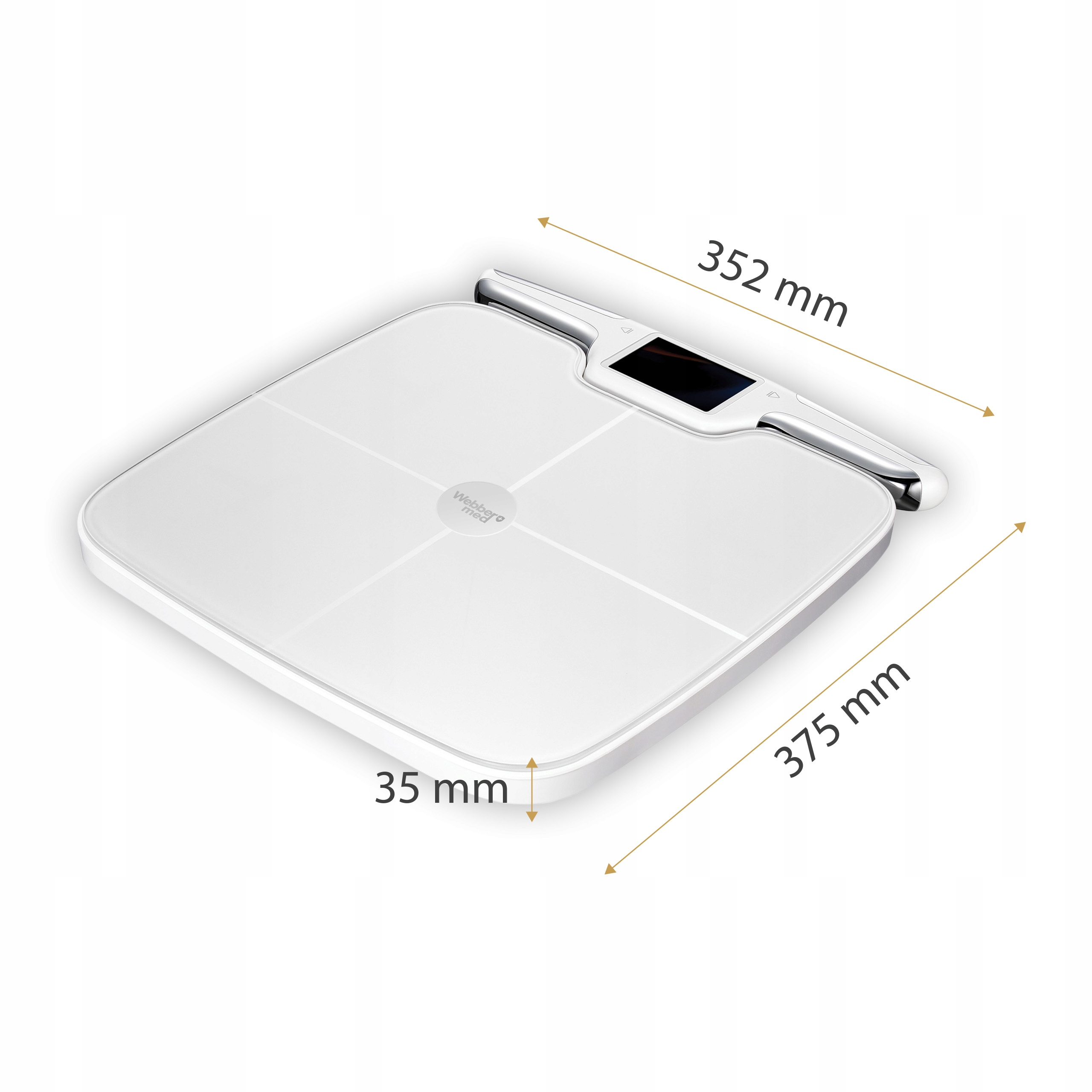 Biała waga cyfrowa ze srebrnym uchwytem. Wymiary wskazane: 352 mm, 375 mm i 35 mm. Waga posiada czarny wyświetlacz.