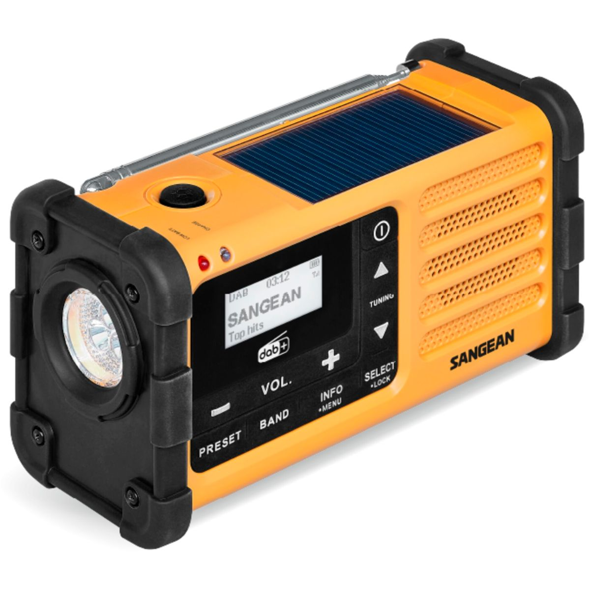 Una radio SANGEAN arancione e nera con pannello solare. Ha schermo, pulsanti, torcia e antenna.